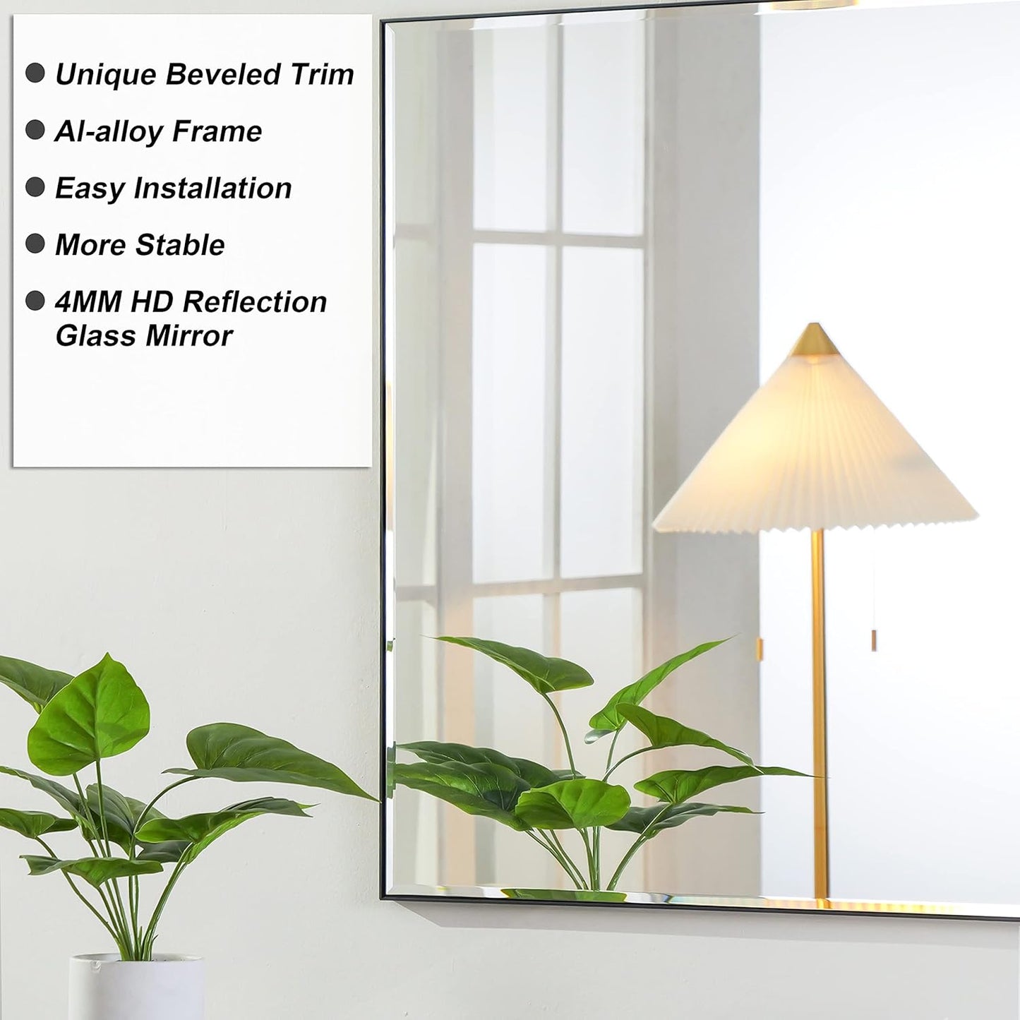 30x36 Inch Black Mirror with Beveled Trim, Aluminum Frame Bathroom Vanity Mirror, Copper-Free Mirror, Rectangle Wall Mounted Mirror, Modern Rectangular Mirror Horizontal or Vertical