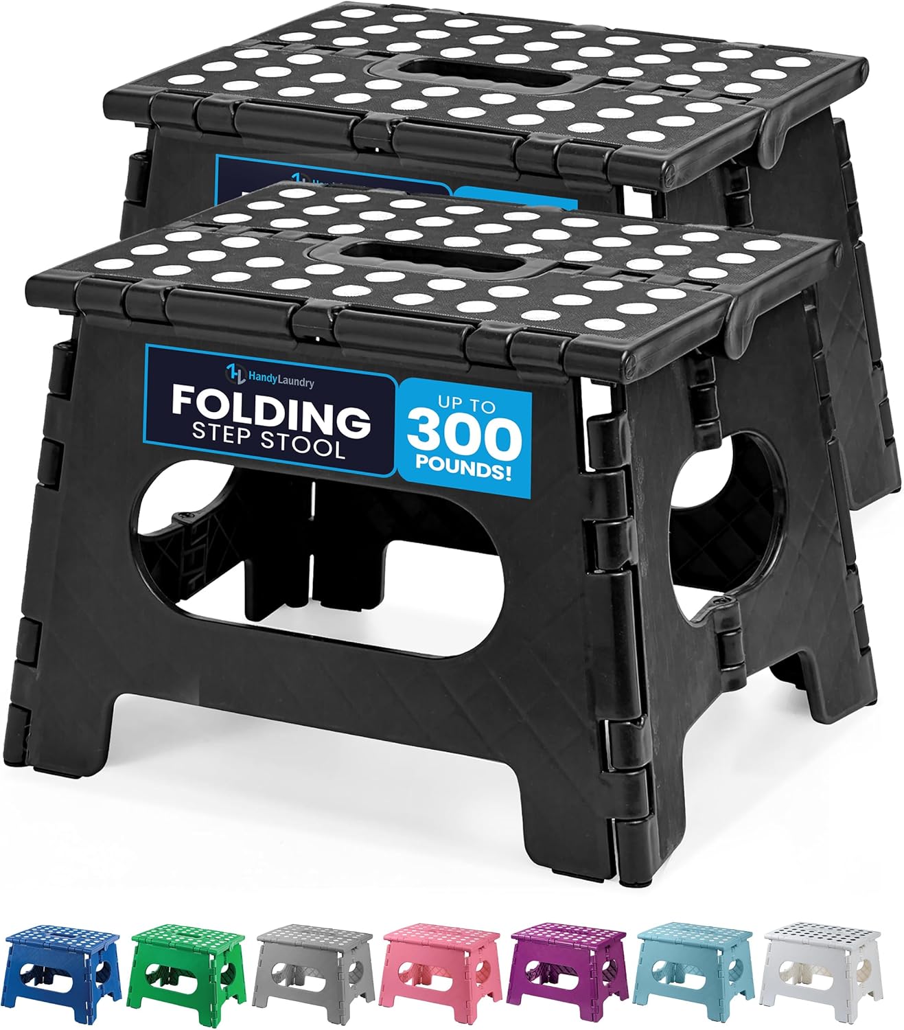 Handy Laundry Folding Lightweight Step Stool - Sturdy Enough to Support Adults and Safe Enough for Kids - Opens Easy with One Flip - Great for Kitchen, Bathroom or Bedroom (Black | 2-Pack)