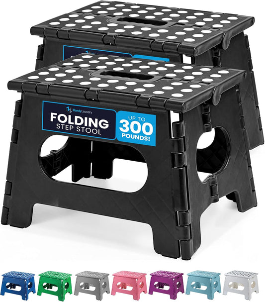 Handy Laundry Folding Lightweight Step Stool - Sturdy Enough to Support Adults and Safe Enough for Kids - Opens Easy with One Flip - Great for Kitchen, Bathroom or Bedroom (Black | 2-Pack)
