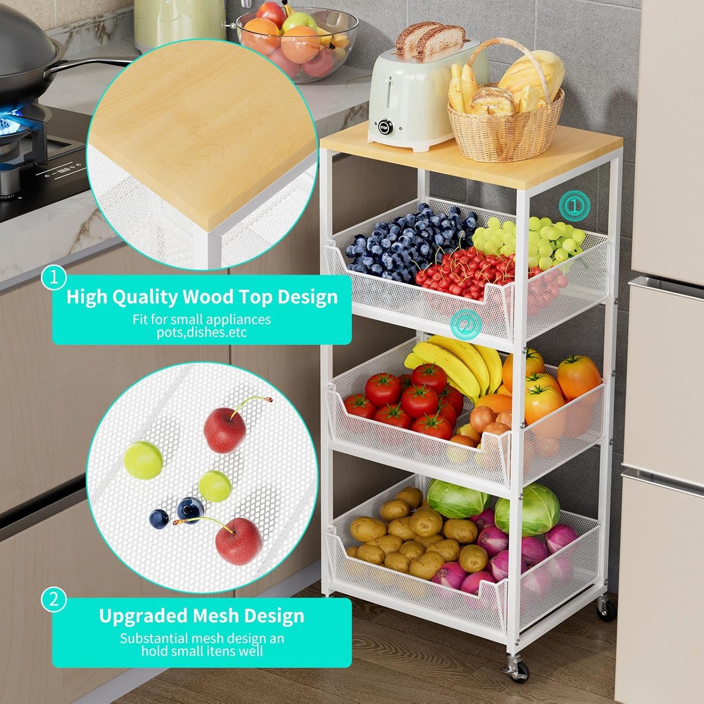 HapiRm Fruit Basket Kitchen Cart - 4-Tier Rolling Storage Cart with Wheels, Wood Top Utility Pantry Cart for Vegetables, Potatoes, Onions, Bread, Snacks