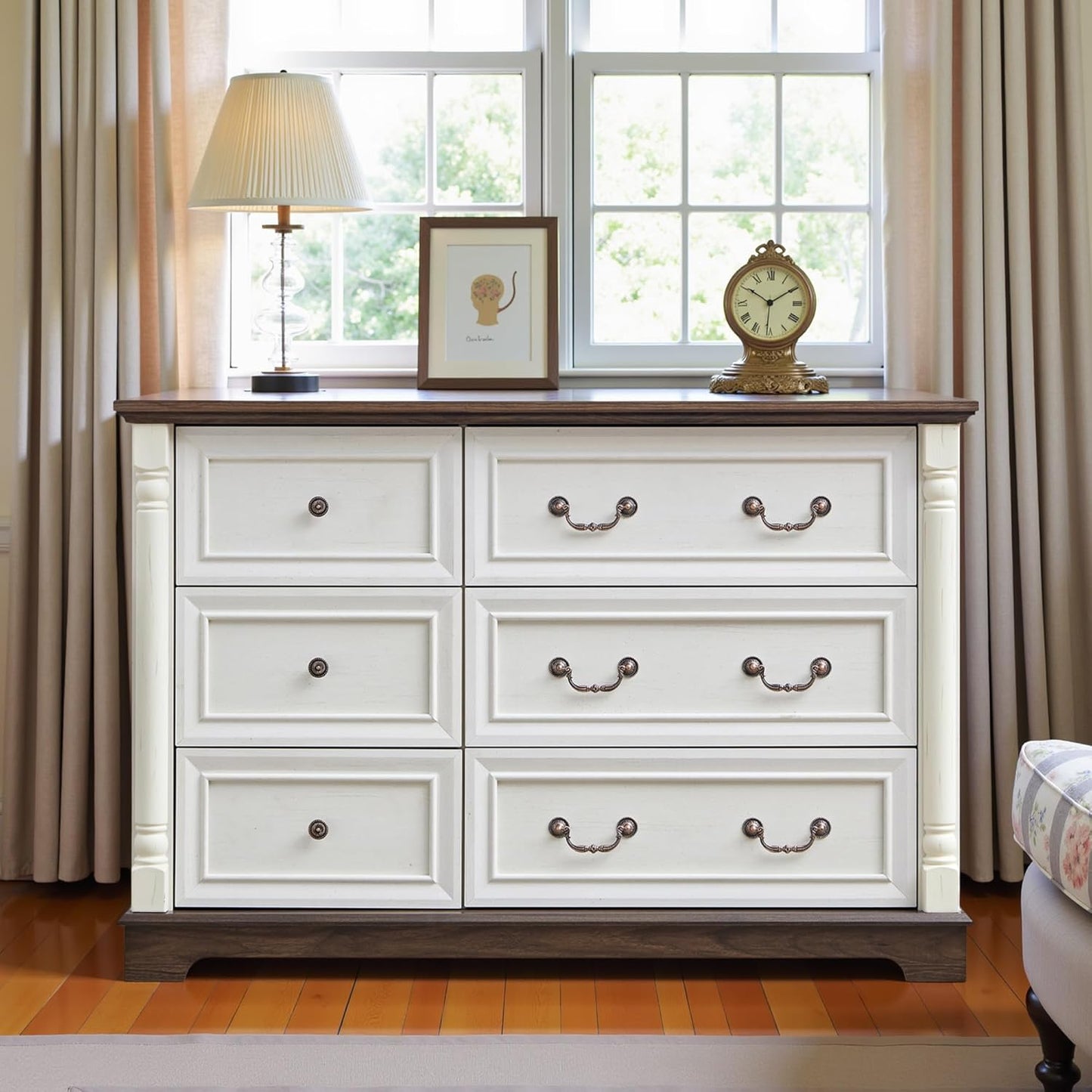 Farmhouse 6 Drawers Dresser for Bedroom, 47.24" Wide Wood Rustic Chest of Drawers with Roman Metal Handle, Tall Storage Dressers Organizer for Bedroom, Living Room, Hallway, Antique White