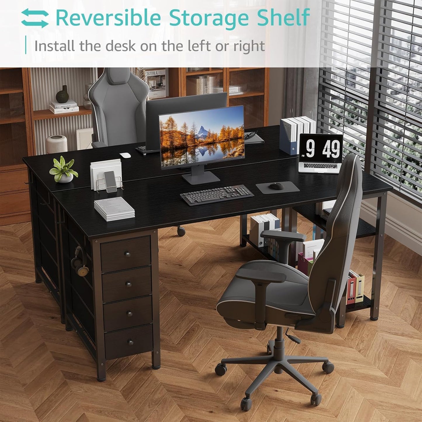 Lufeiya Gaming Desk with 4 Fabric Drawers & Storage Shelves, 63 inch Computer Writing Work Study Desk for Home Office Bedroom, Modern Simple Student PC Desks Table, Black