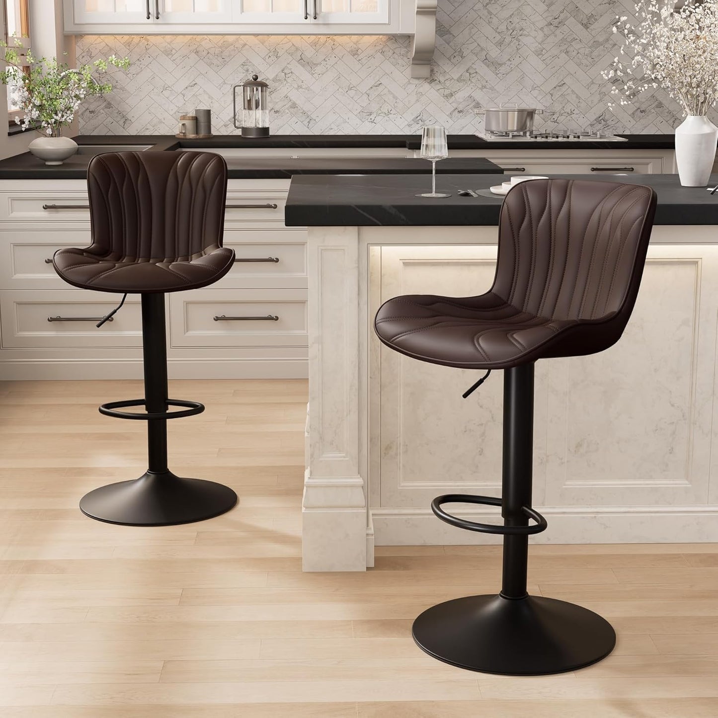 YOUNIKE Brown Bar Stools Set of 2 Modern Swivel Counter Height Bar Chair with Back Adjustable Faux Leather Padded Barstools for Kitchen Breakfast Island Metal sillas para barra de cocina