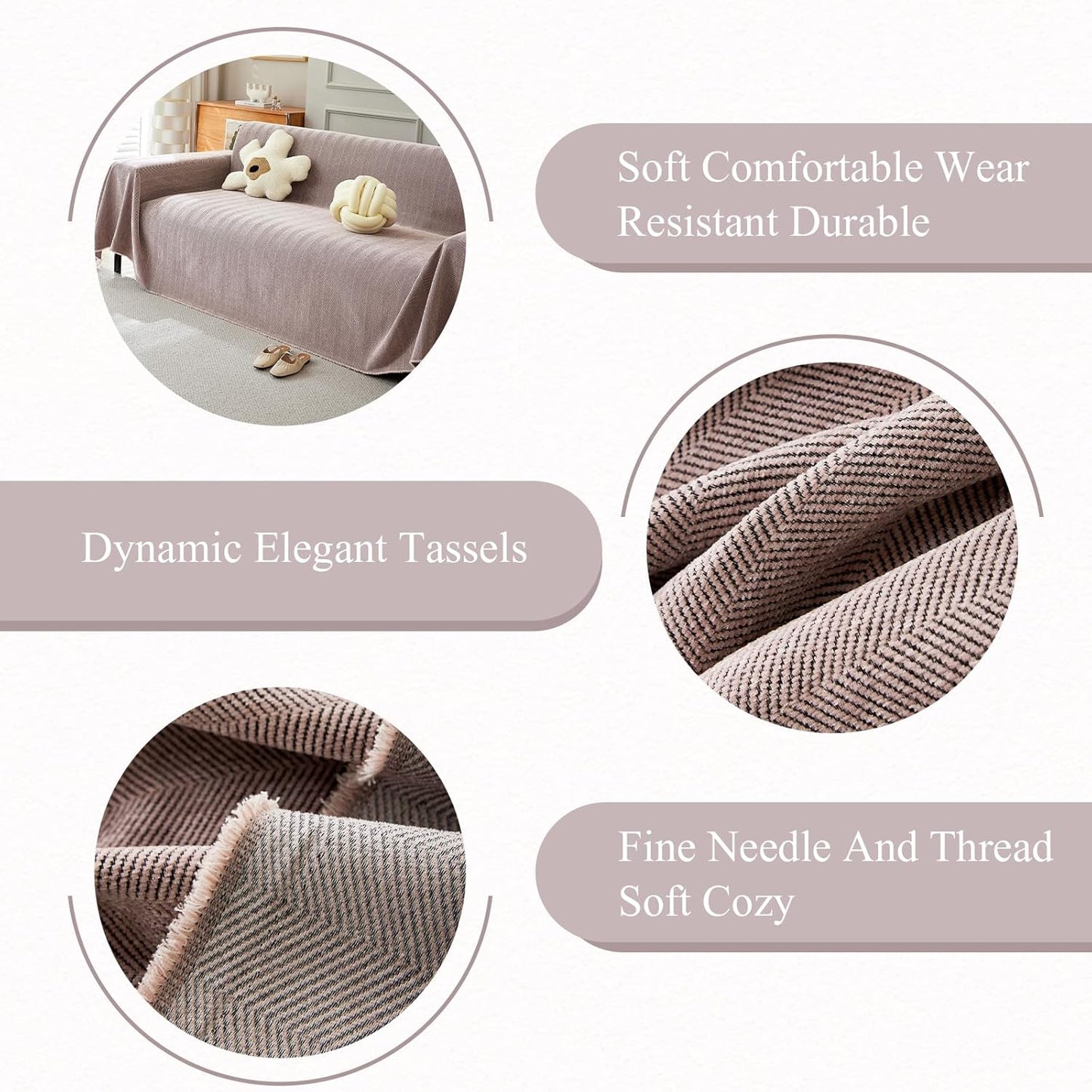 STACYPIK Thick Pink Geometric Sofa Covers for 3 Cushion Couch Reversible Herringbone Dogs Couch Covers0 Pet Scratch Protector Blanket for Living Room Chenille Cushion Covers with Tassel-91X150IN