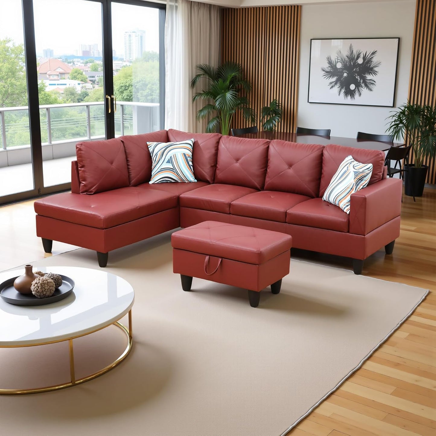 97" Oversized Sectional Couch, L Shaped Couch with Storage Ottoman, Modern Modular Sofa with Deep Seat, Sectional Couches for Living Room and Office, Red (Faux Leather)