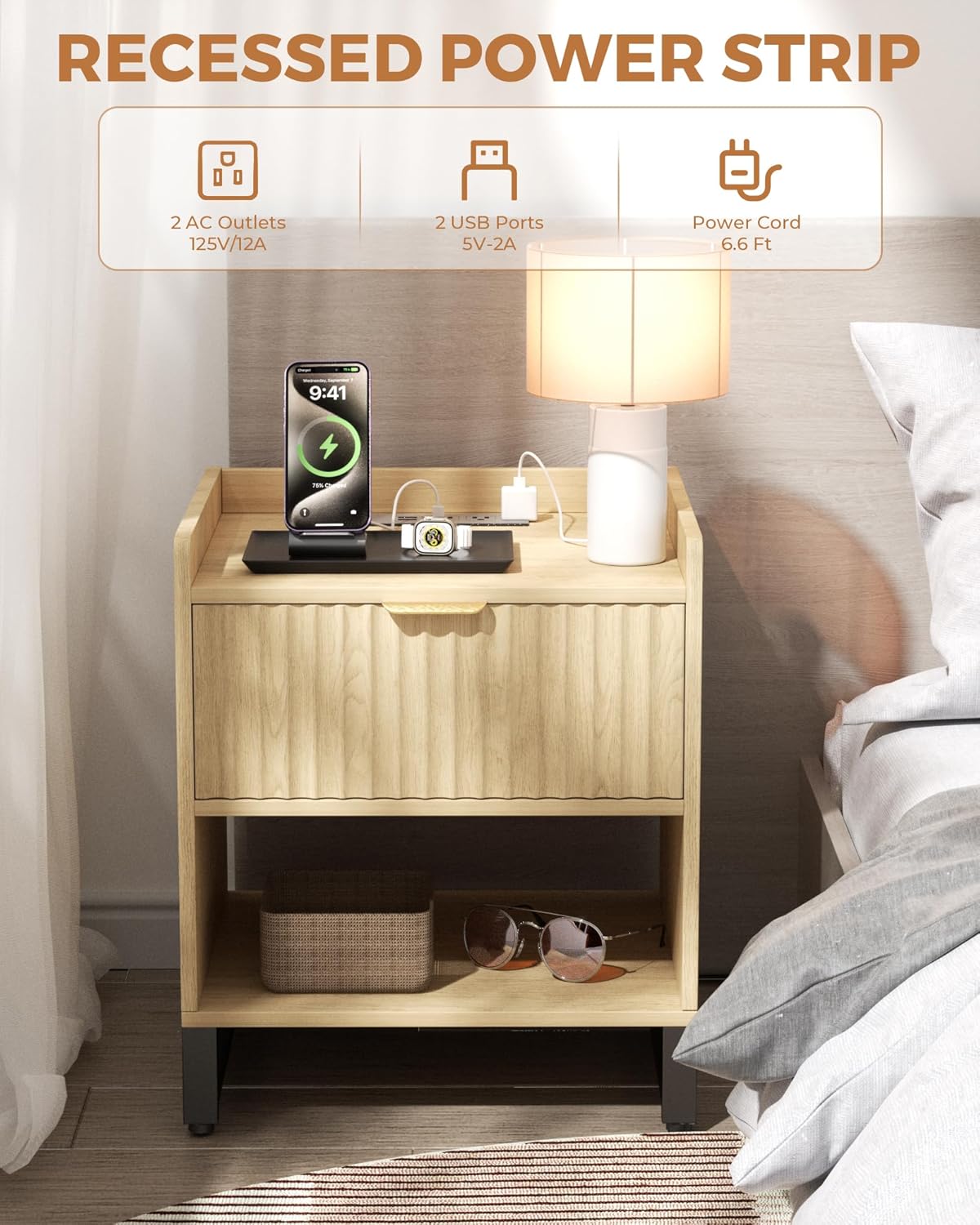 Fluted Night Stand with Charging Station, Wood Nightstand with Large Drawer and Open Storage Cabinet, Mid-Century Modern Bedside Table End Table for Bedroom Closet Office