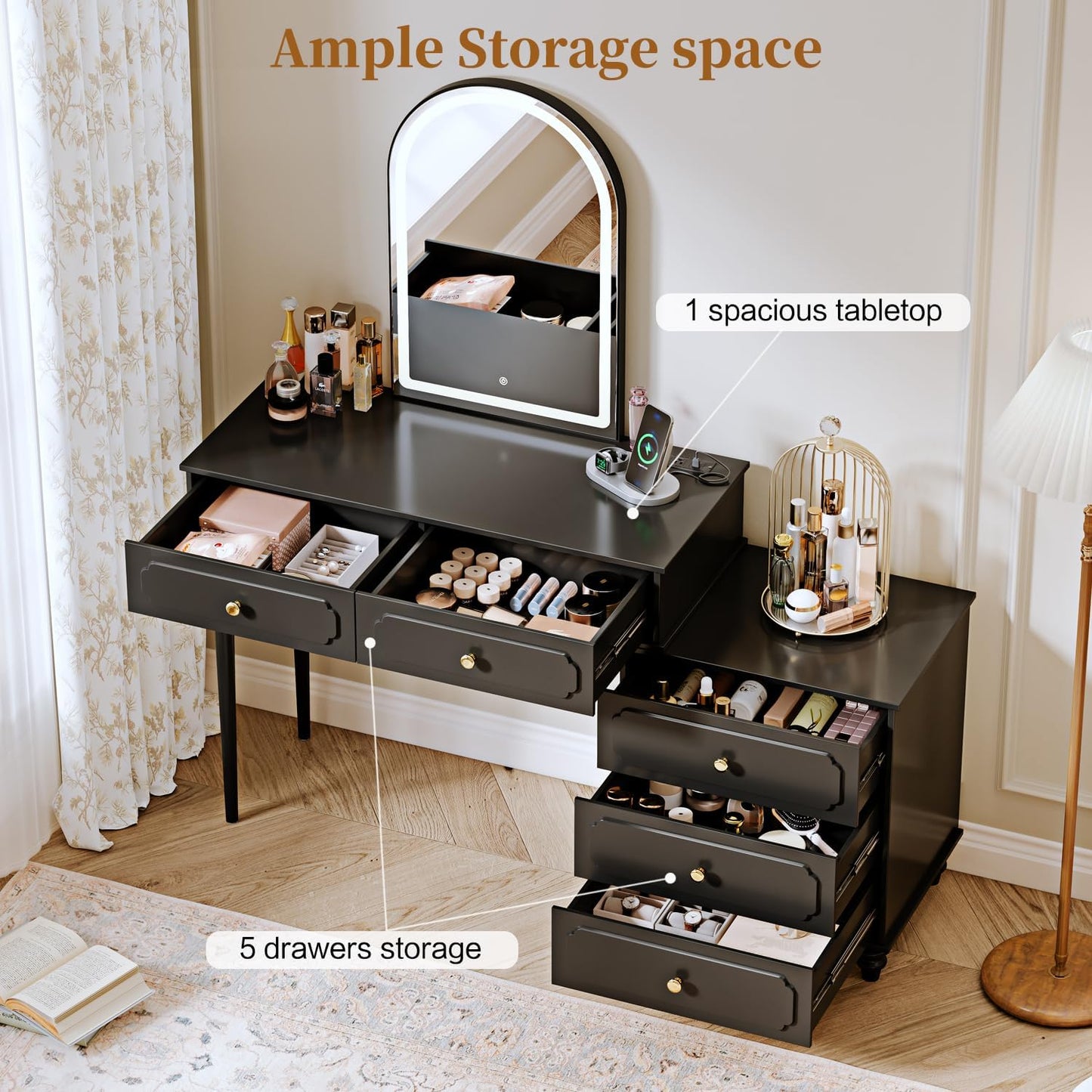 Black,Vanity Desk with Mirror and Lights,Makeup Vanity with Power Outlet and Adjustable Cabinet,Modern Makeup Table with 3 Drawers for Bedroom Makeup Room