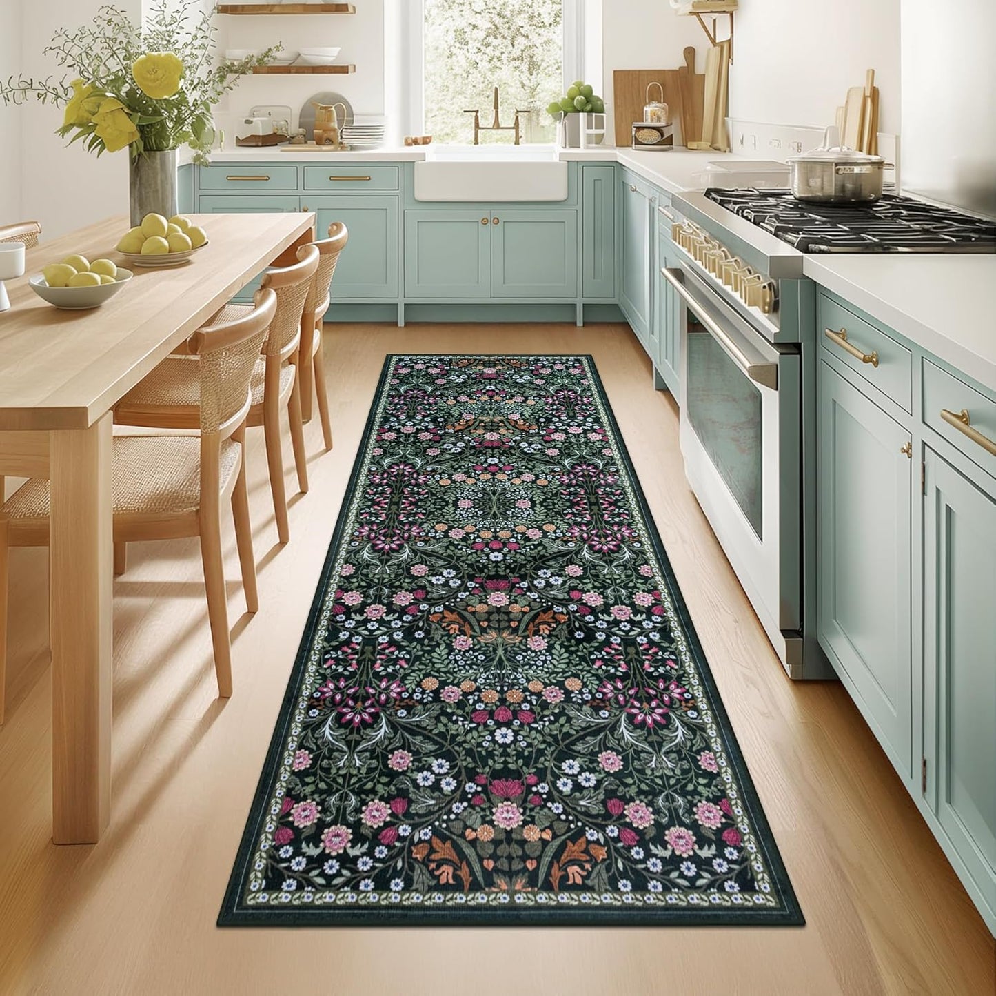 Runner Rug for Entryway: 2x6 Kitchen Rugs Non Slip Washable Ultra-Thin Soft Floral Carpet Indoor Floor Stain Resistant Carpets for Hallway Bedroom Kitchen Laundry Bathroom Dorm Dark Green