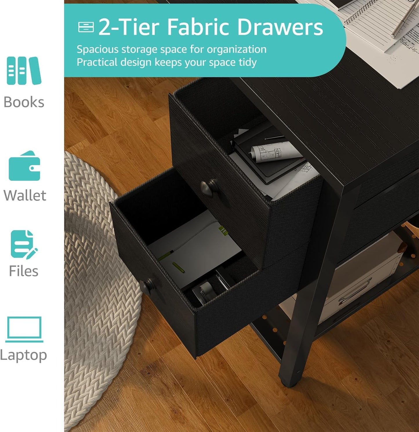 Lufeiya Computer Desk with Fabric Drawers, 40 Inch Reversible Gaming Desk for Small Space Home Office, Modern Simple Study Writing Table PC Desks for Bedroom, Black