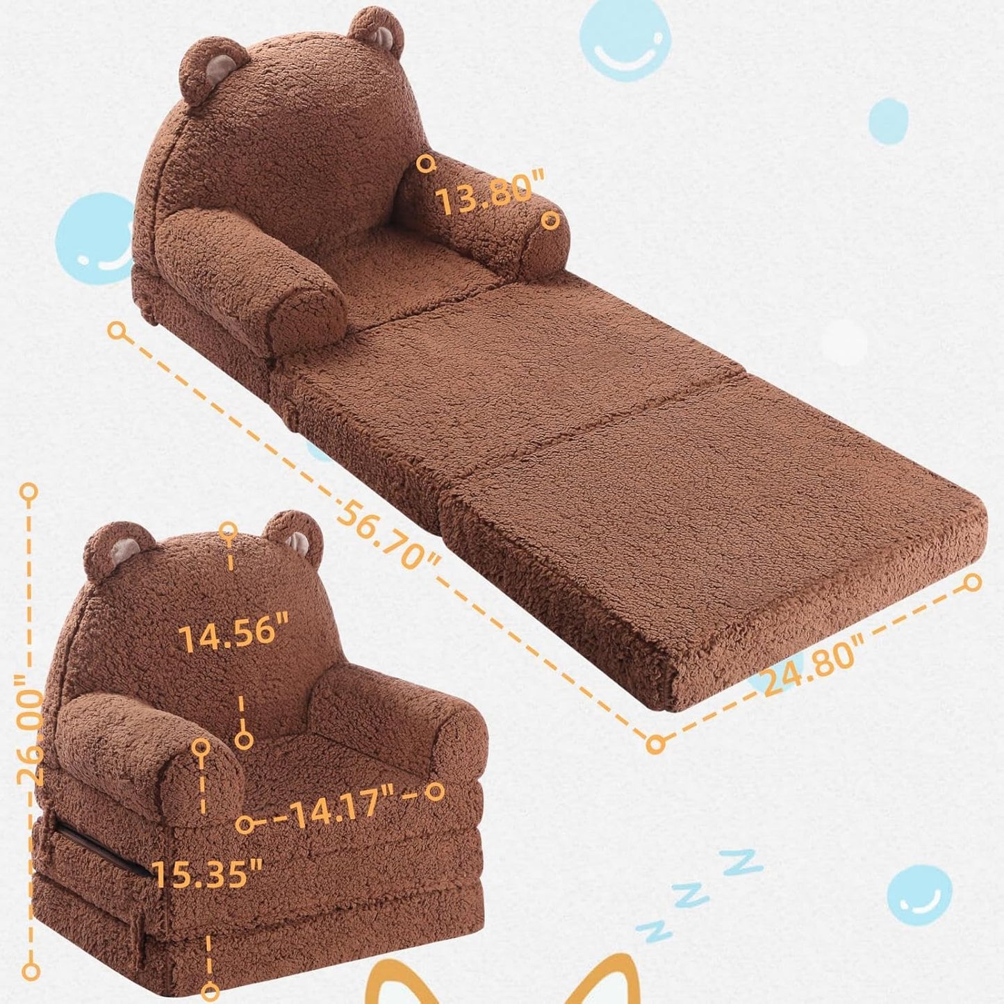 Foldable Sofa for Kids, Sherpa Teddy Bear Toddler Couch With Tri Folding Foam Cushions, Comfy for Ages 3-6