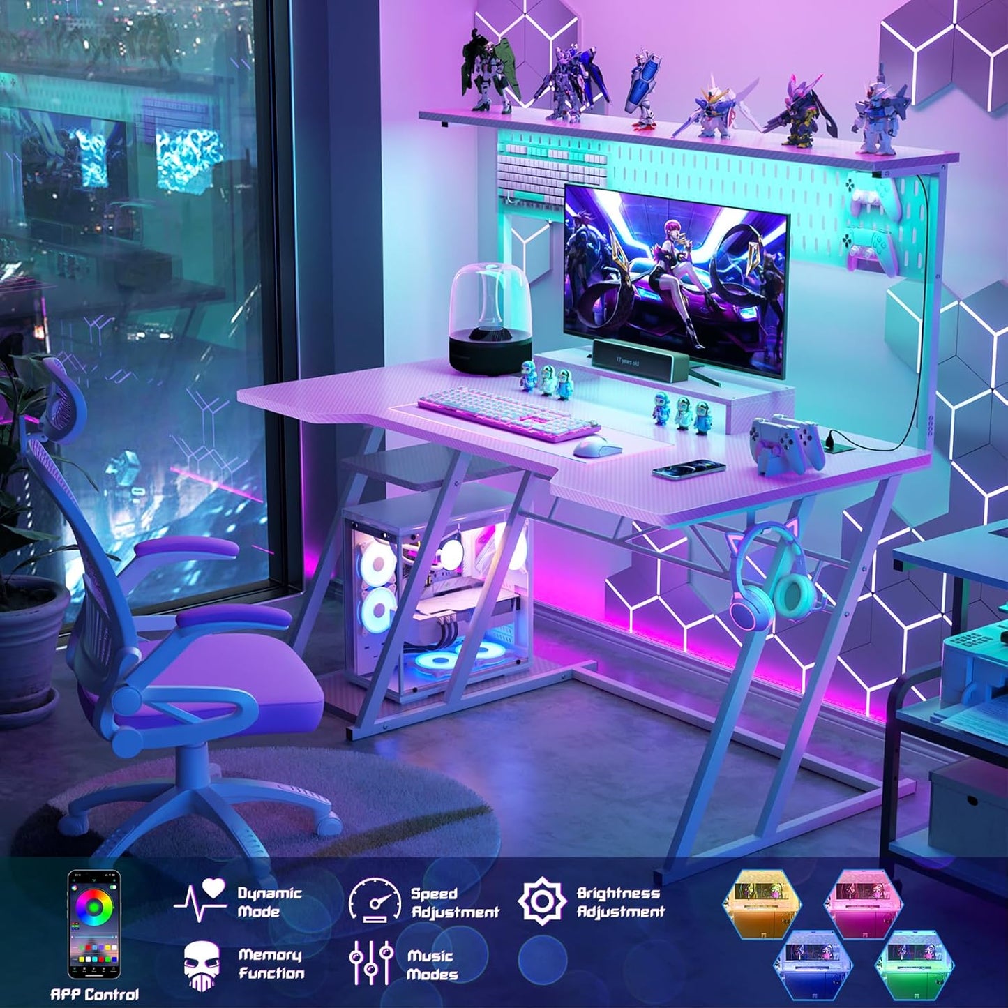 Gaming Computer Desk with Power Outlets, Gaming Desk with Hutch and LED Lights, Reversible PC Gaming Desk with Pegboard, Carbon Fiber Pink, 47"