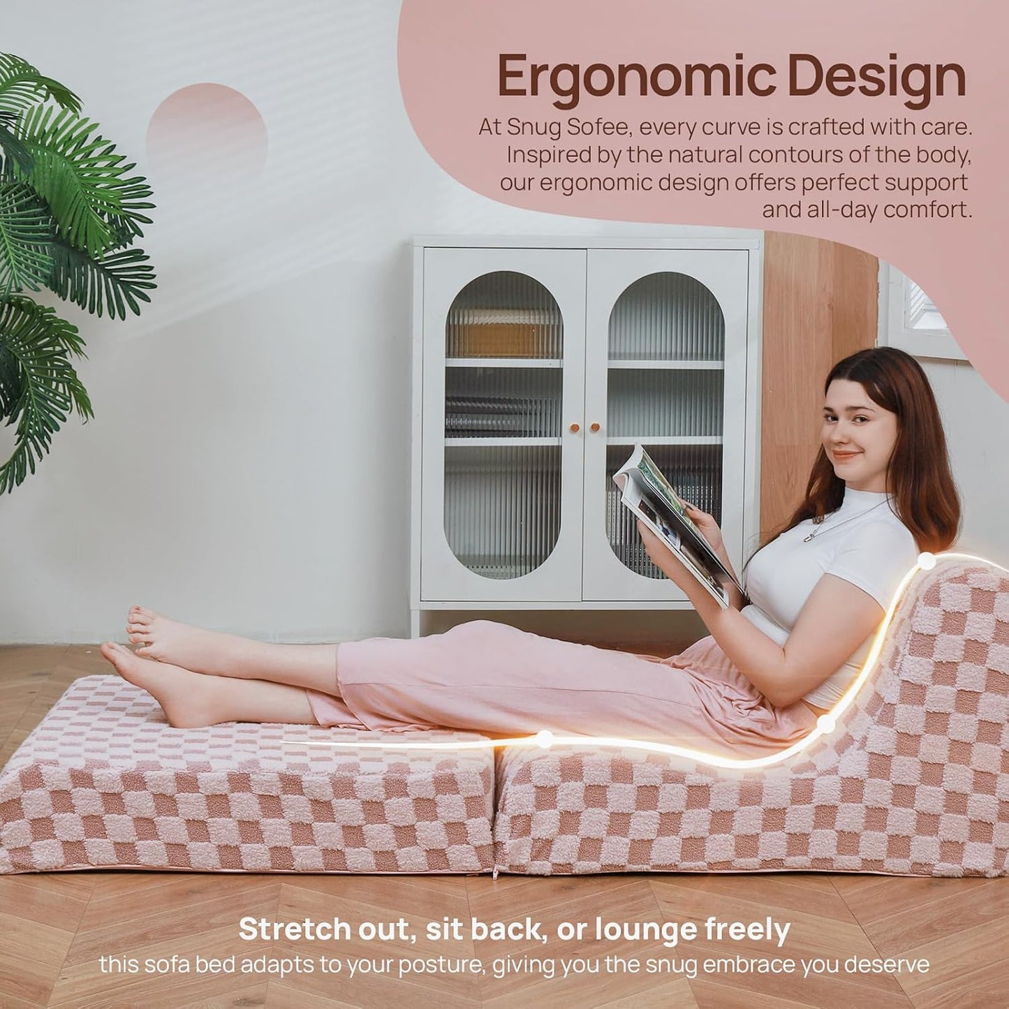 Bean Bag Chair with Checkerboard Shaker Fleece Fabric, Folding Sofa Bed, Floor Sleeper Lounge Chair, Lazy Sofa for Living Room, Bedroom, Apartments (Iceberry Pink)