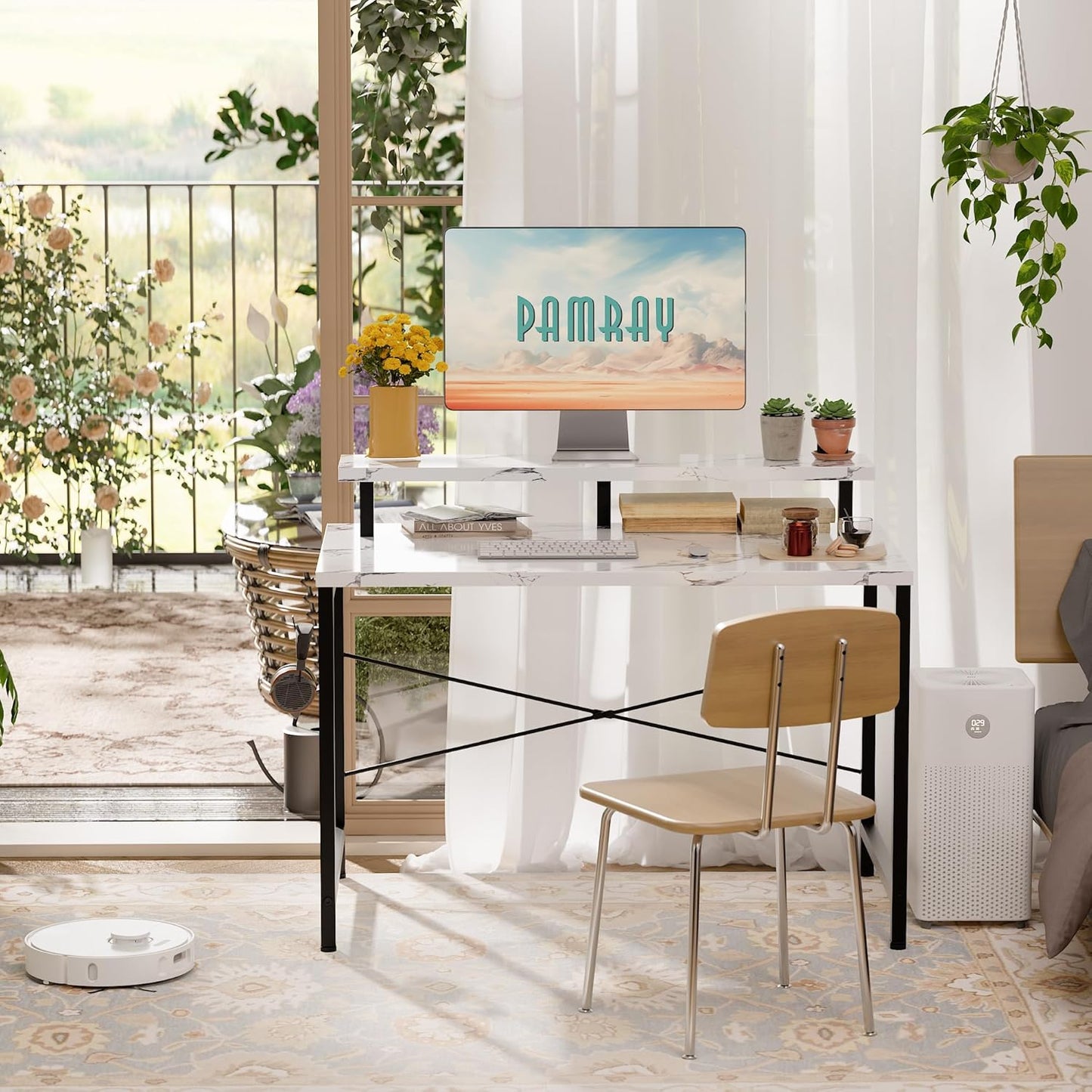 Pamray 32 Inch Small Computer Desk with Monitor Stand, Simple Office Desk with Headphone Hook for Small Spaces, Kids Study Writing Table for Bedroom, Marble