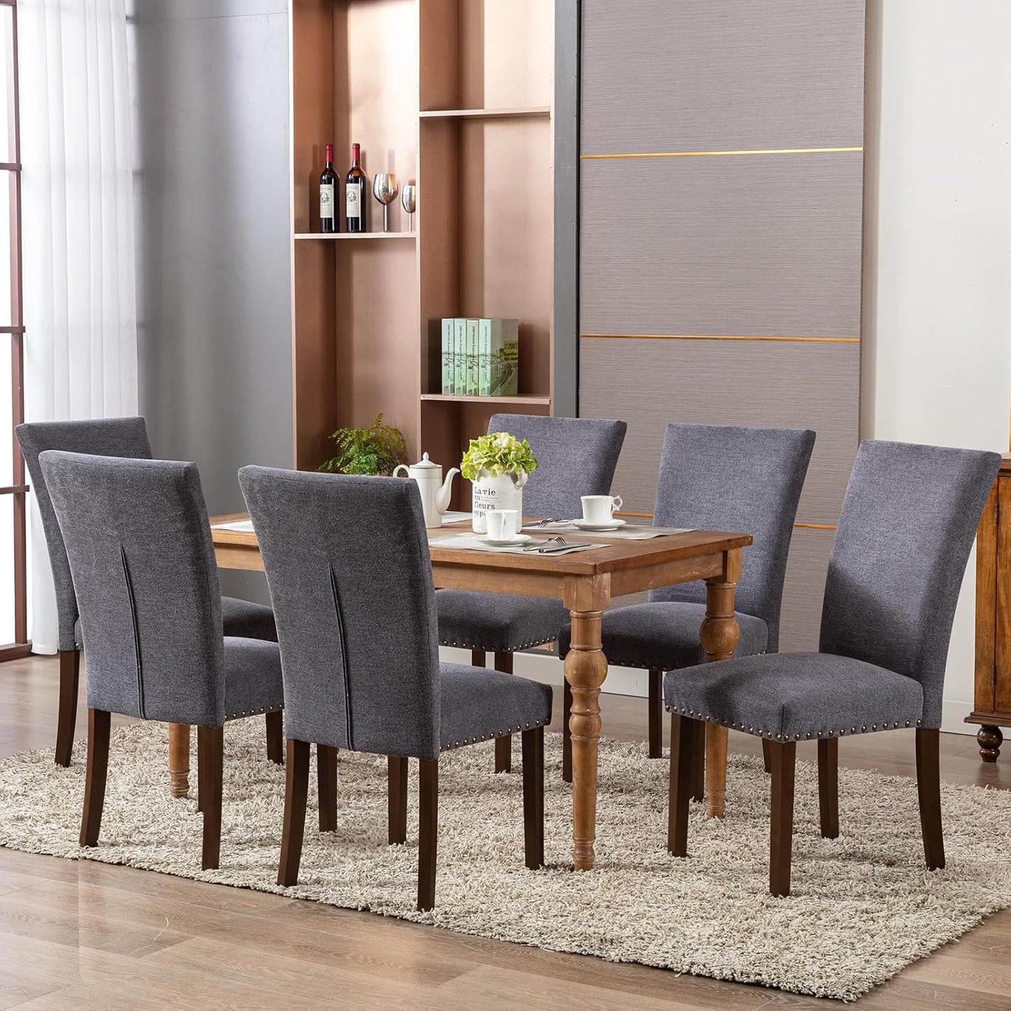 COLAMY Upholstered Parsons Dining Chairs Set of 6, Fabric Dining Room Kitchen Side Chair with Nailhead Trim and Wood Legs - Dark Grey