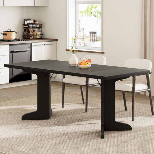 71" Dining Table for 6 to 8 People, Modern Dinner Table with Unique Wooden Legs, Rectangle Dining Table for Kitchen, Dining Room & Living Room, Black
