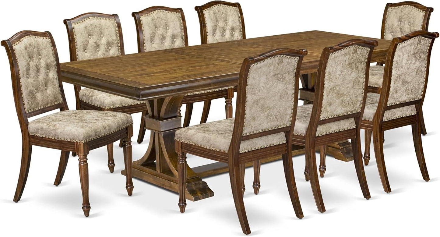 LEMA9-AWA-36 9 Pieces Kitchen Table Set Includes a Rectangular Dining Table and 8 Light Beige Polyester Fabric Dining Chairs, Antique Walnut Finish