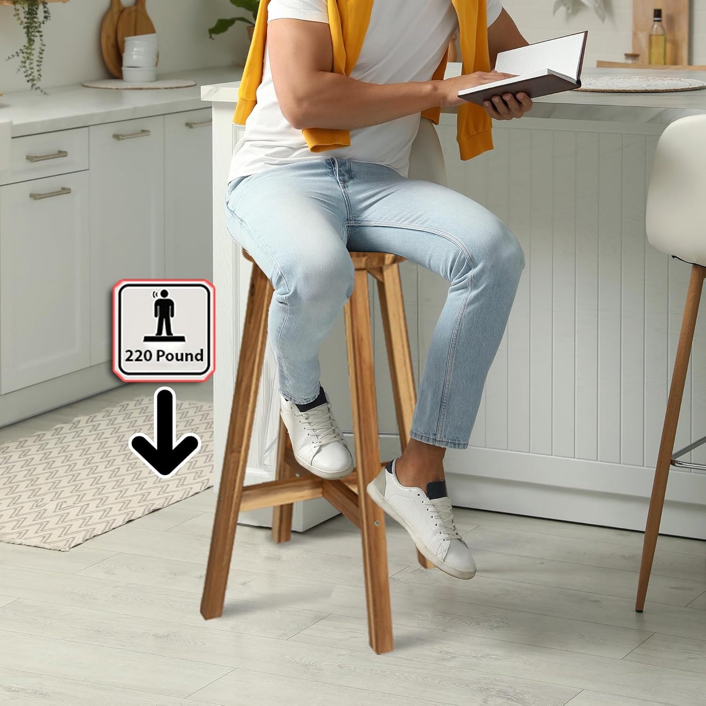 Round Stool Acacia Wood, 28" Height, 11" Round Top, Backless, Easy Assembly, Natural Wax Finish, Wooden Stool for Plant, Dining Room, Living Room, Garden, Makeup