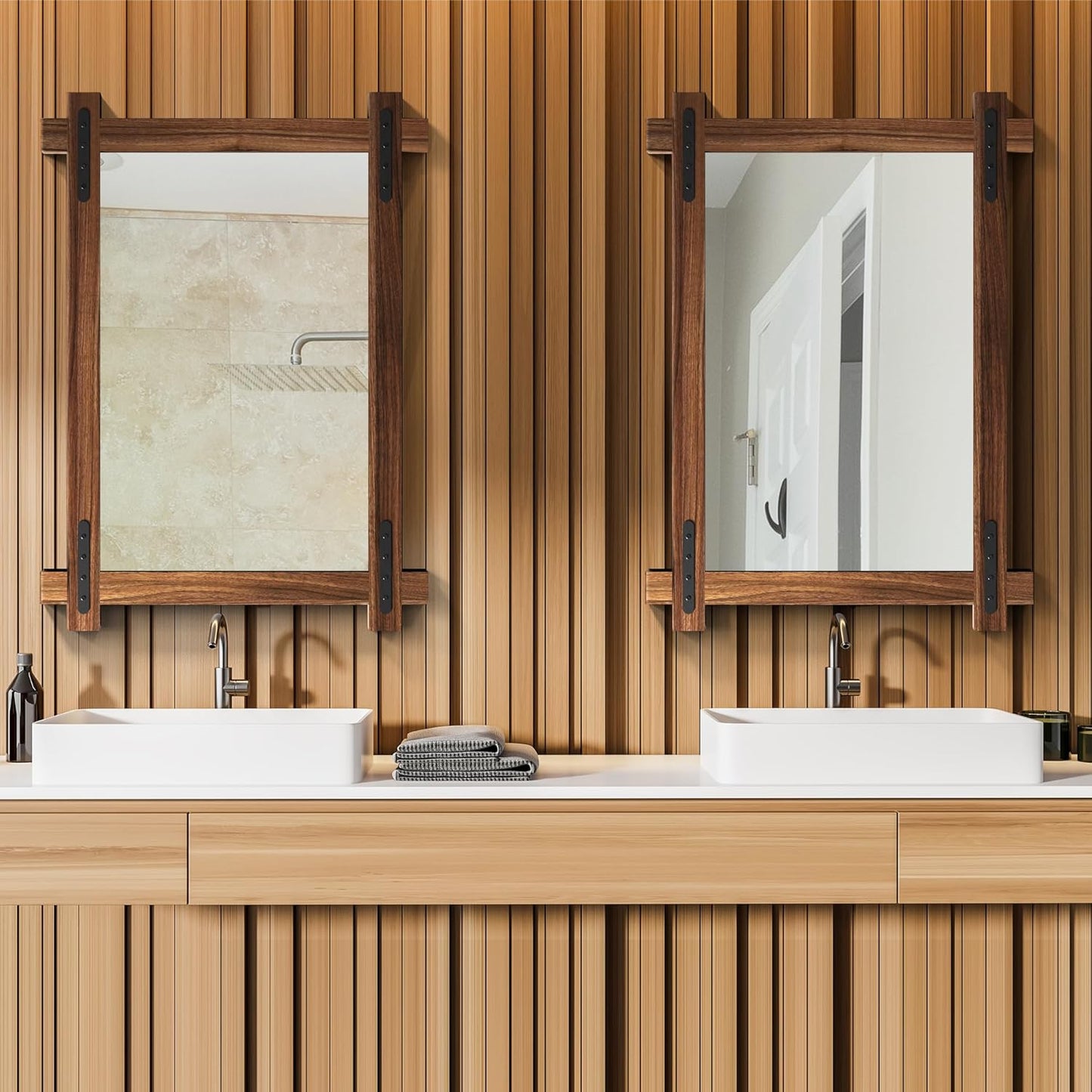 YOSHOOT Farmhouse Wood Bathroom Mirror, 32"x24" Rustic Wall Mirror, Round Corner Vanity Mirror for Decor, Vertical or Horizontal Hanging, Selected Wood, 100% Handmade