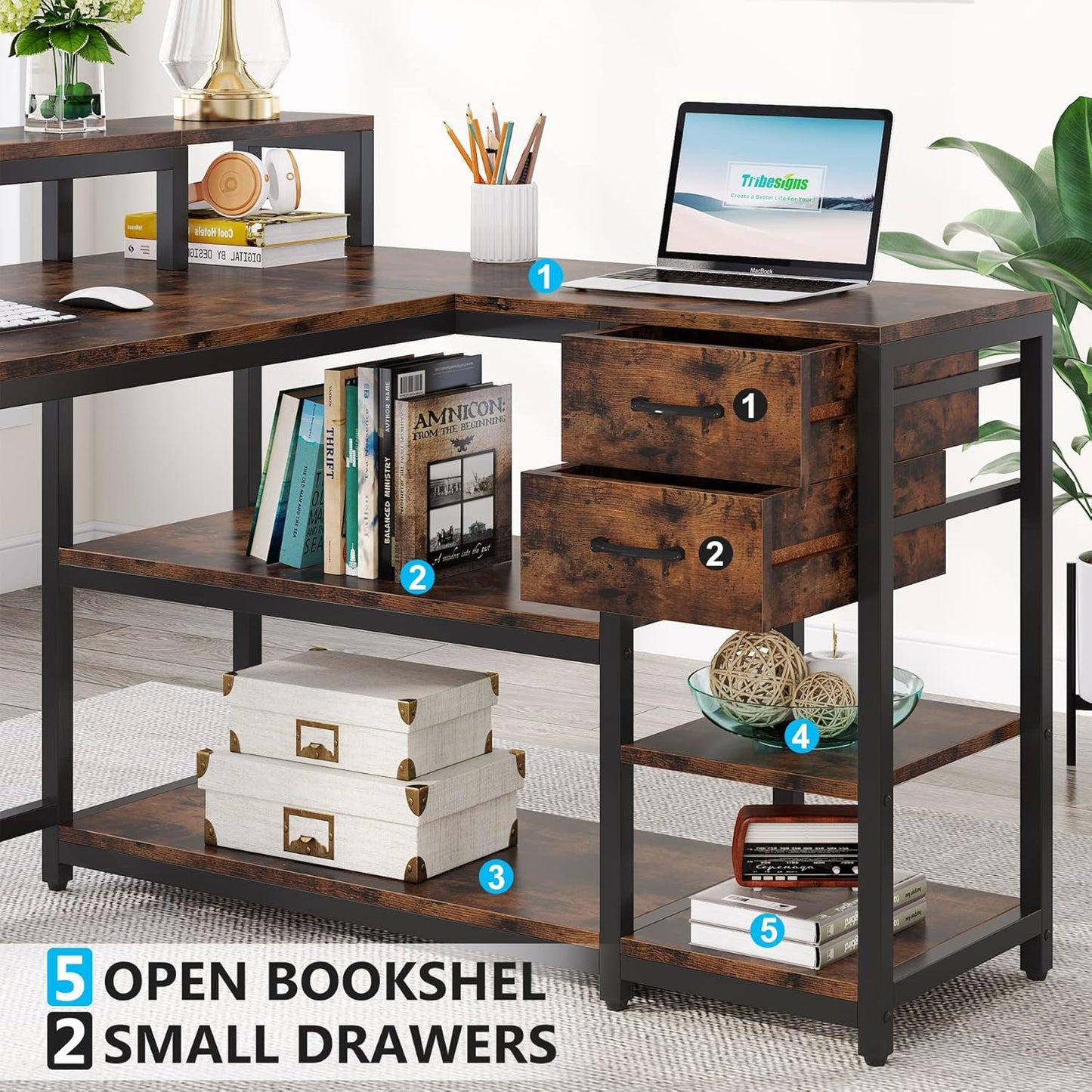 Tribesigns Reversible L Shaped Desk with Drawer, Brown Corner Desk with Storage Shelves and Monitor Stand, Writing Table for for Small Space (Rustic)