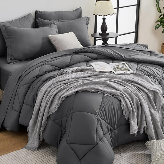 HEVUMYI Full Comforter Set - 7-Piece All Season Bed in a Bag Full, Ultra Soft Bedding Set with Comforter, Flat Sheet, Fitted Sheet, Pillowcases, Pillow Shams, Dark Grey