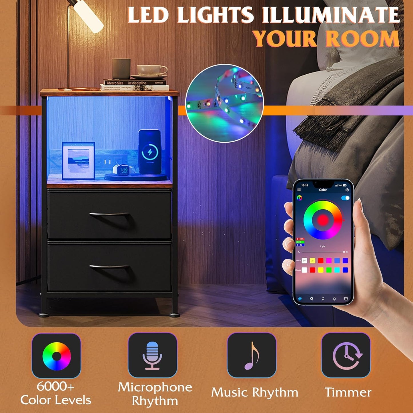 WLIVE Nightstand with Charging Station, LED Night Stand with 2 Fabric Drawers and Open Shelf, Small Dresser for Small Spaces, Side End Tables for Bedroom, Rustic Brown and Black