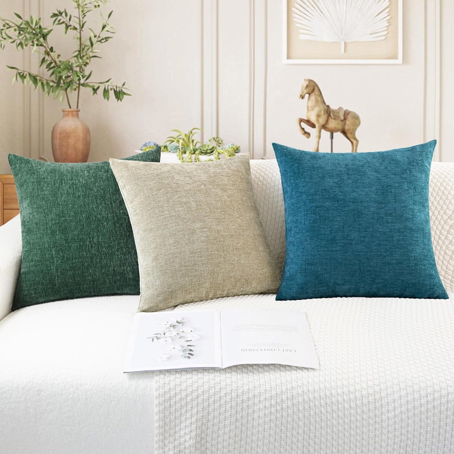 CaliTime Throw Pillow Covers Decorative 24 X 24 Inches Pack of 2 Cozy Chenille Cushion Cases for Couch Sofa Bed Living Room Home Ocean Blue