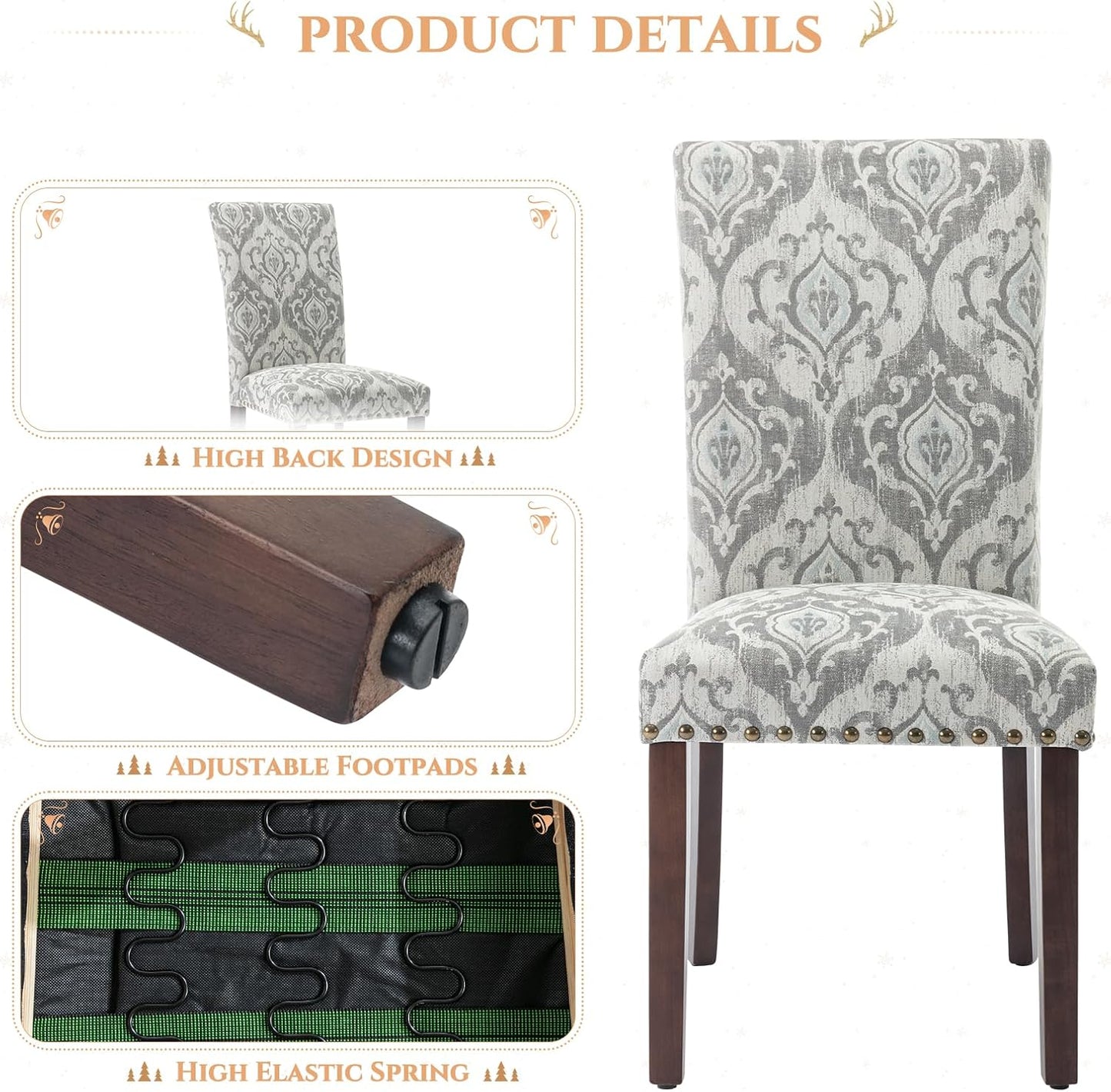 Parsons Dining Chairs Set of 4, Upholstered Nailhead Dining Room Kitchen Side Chair with Thick Cushions and Wood Legs, White/Grey