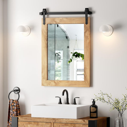 Farmhouse Barn Door Mirror 22”x32” Rustic Decorative Vanity Mirrors Wall Decor Mirror for Bathroom Living Room Entryway