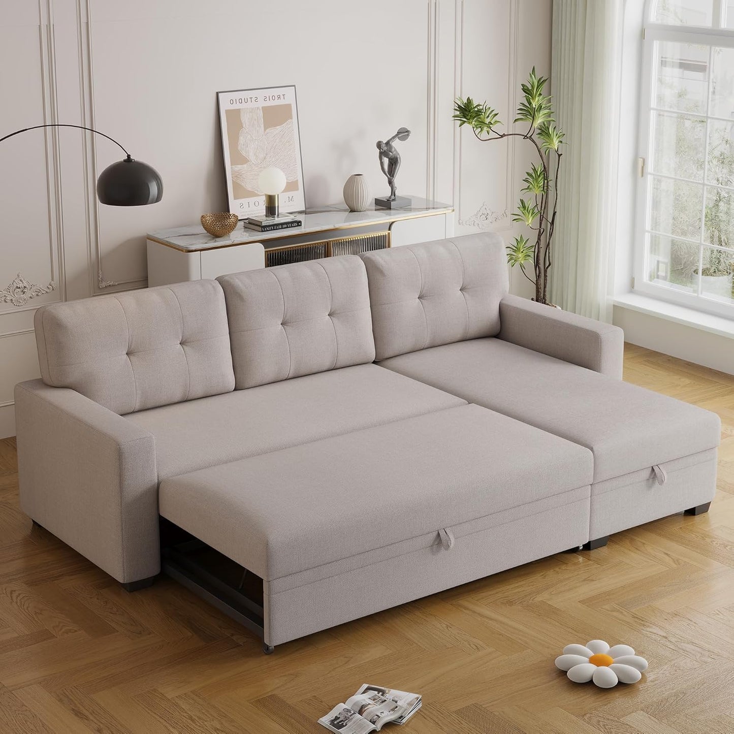 Ball & Cast Convertible Sectional Sleeper Sofa Bed L Shaped 4 in 1 Pull Out Couch with Reversible Storage Chaise & Removable Back Cushions,Sleeper Corner Pull Out Sofa Bed Couch for Living Room,Office