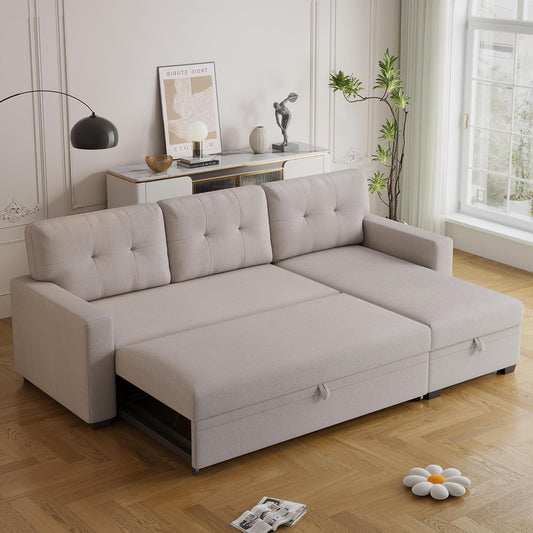 Ball & Cast Convertible Sectional Sleeper Sofa Bed L Shaped 4 in 1 Pull Out Couch with Reversible Storage Chaise & Removable Back Cushions,Sleeper Corner Pull Out Sofa Bed Couch for Living Room,Office