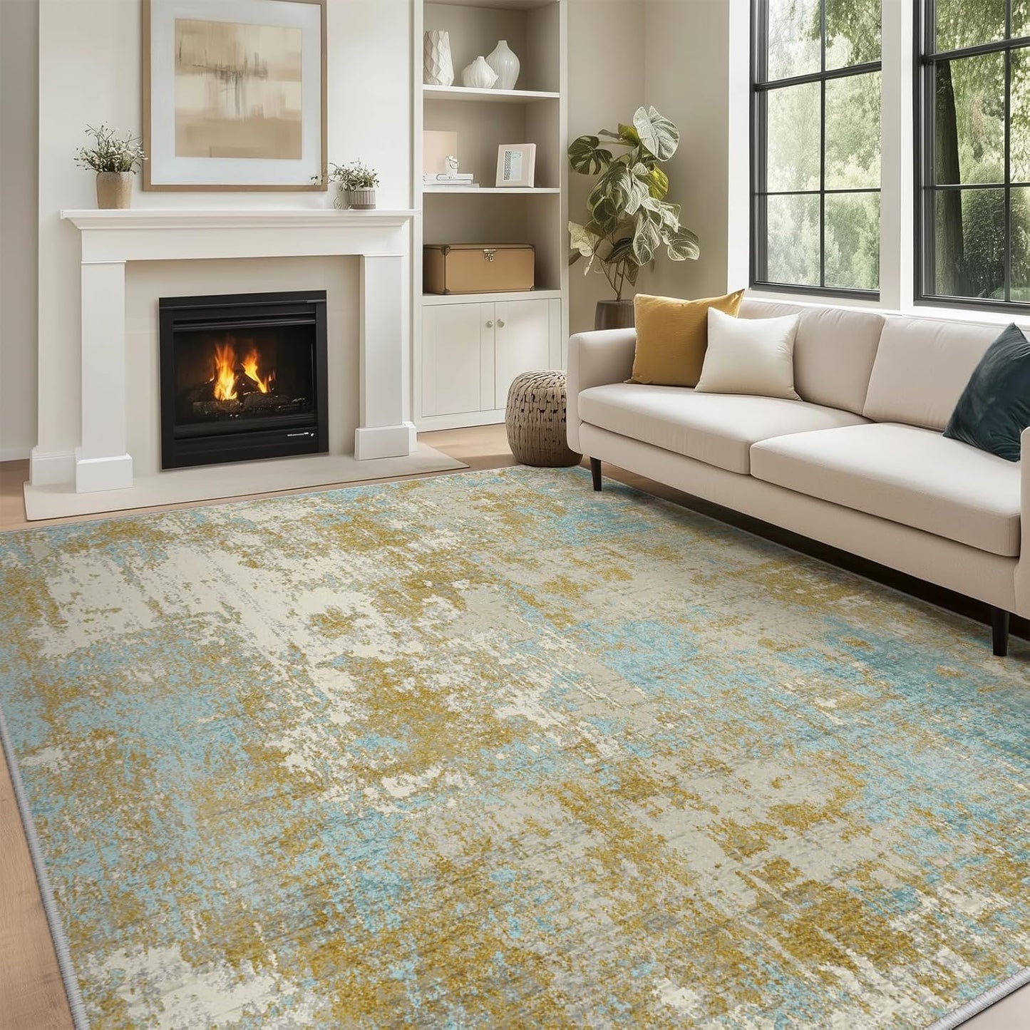 Washable Area Rugs 8'x10' Non-Slip Modern Abstract Soft for Living Room Entryway Bedroom Nursery, Print Pattern, Teal Blue Taupe