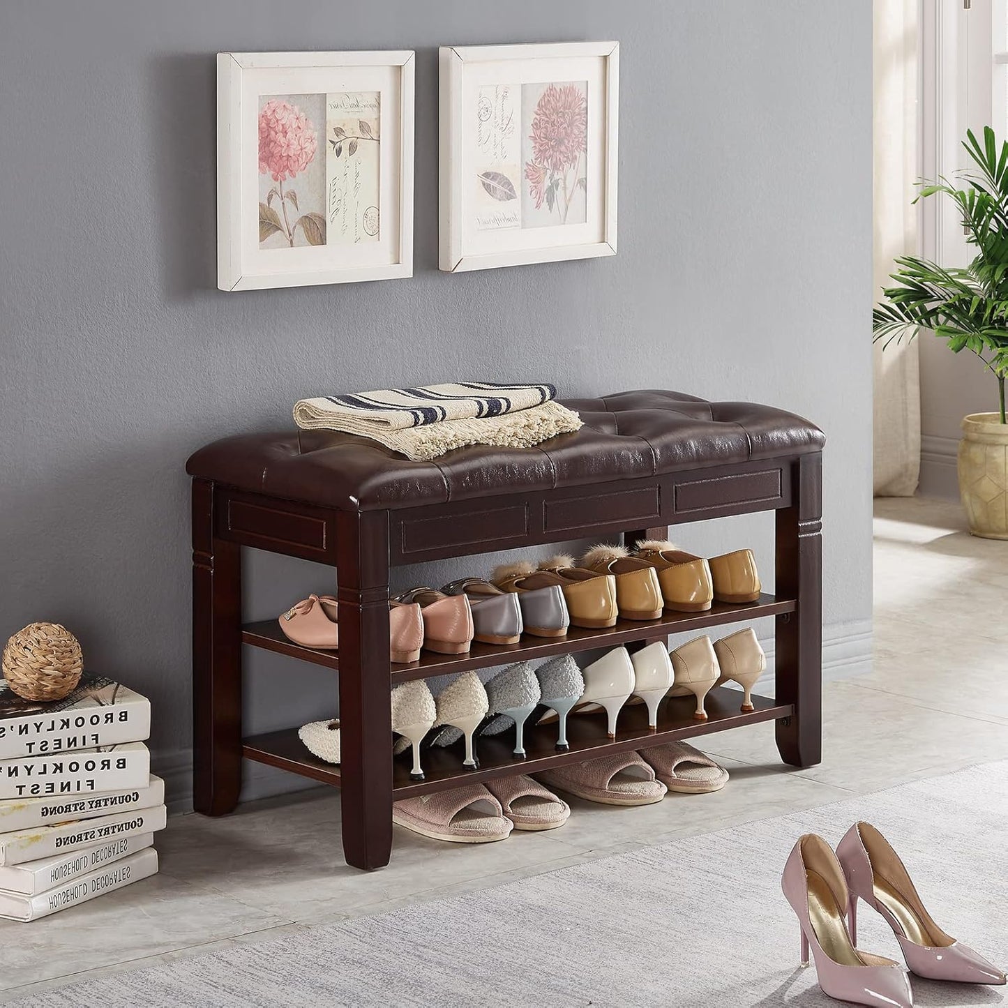 Shoe Storage Bench, Entryway Shoe Rack with Fiberleather Seat 2-Tier Lift Top Organizer Wooden Shoe Bench for Entryway Hallway Living Room (Dark Brown 31.5x13.8x18.9'')