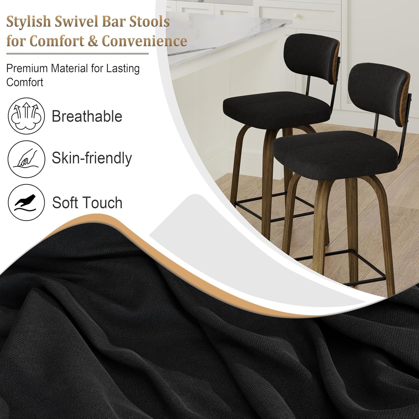 Swivel Counter Height Bar Stools with Back Set of 2, 26" Fabric Upholstered Kitchen Bar Stools with Wood Legs and Metal Footrest for Kitchen Island (Black Fabric)