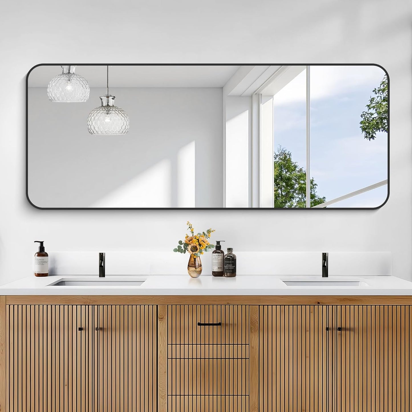 KOCUUY Black Bathroom Mirror 60"x24", Large Vanity Mirror with Rounded Corner, Metal Black Frame with Mordern Design for Bathroom, Living Room, Entryway, Hang Horizontal/Vertical