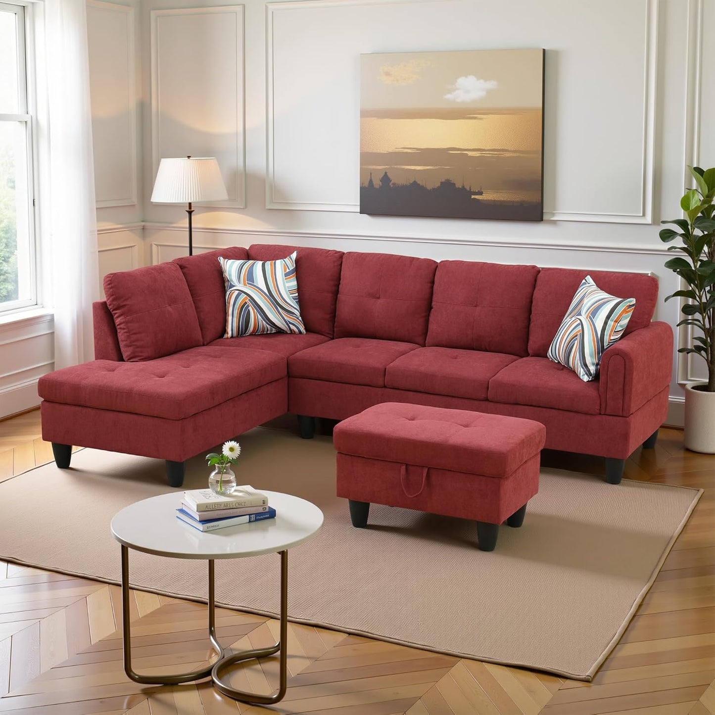 L Shaped Couch Modern Sectional Couch Upholstered Fluffy Fabric 3 Pieces Sofas for Living Room with Chaise, Storage Ottoman for Office and Small Apartment, Red