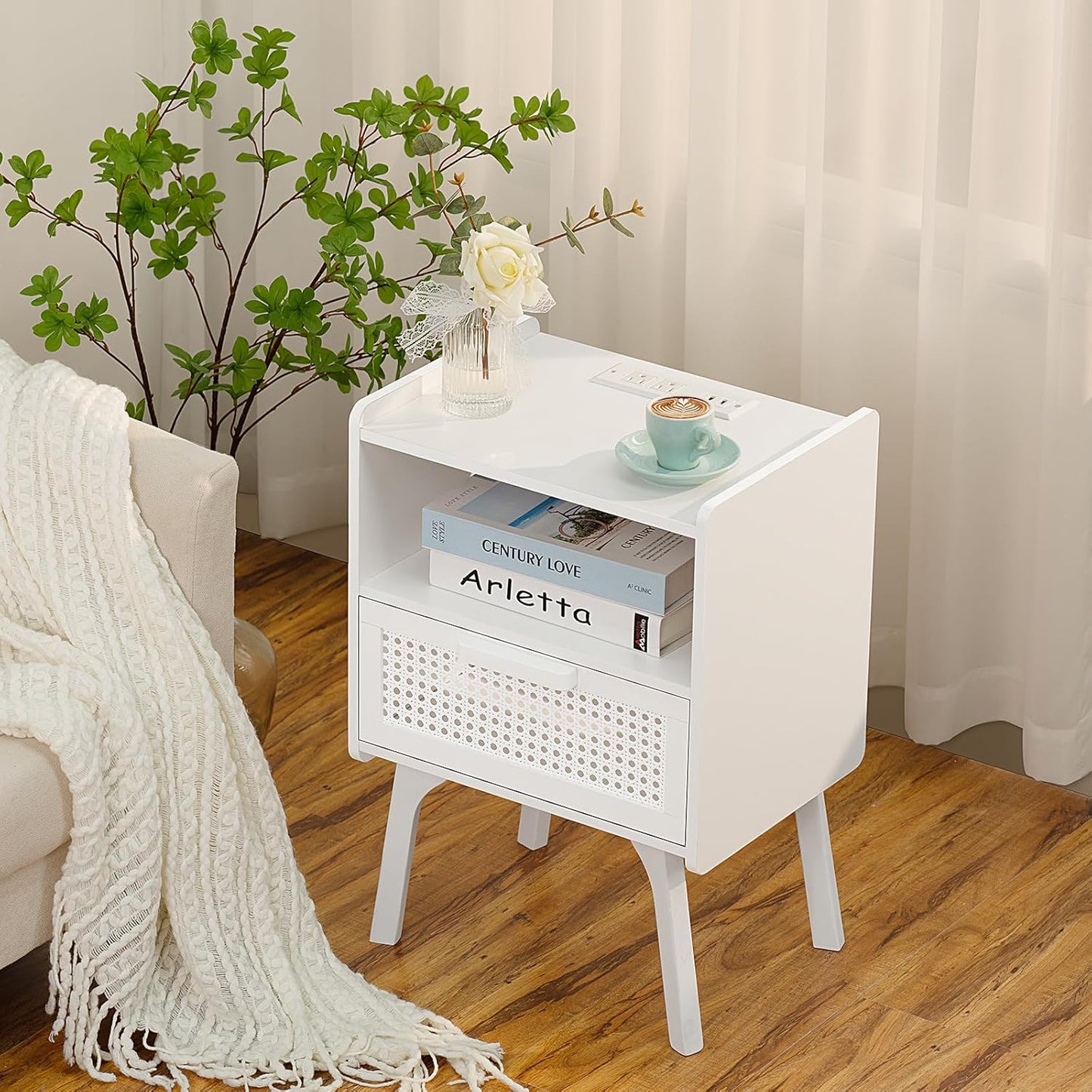 Lerliuo Rattan Nightstand with Charging Station, Side Table with Drawer Open Shelf, Cane Accent Bedside End Table with Solid Wood Legs, Night Stand for Bedroom, Dorm and Small Spaces (White)