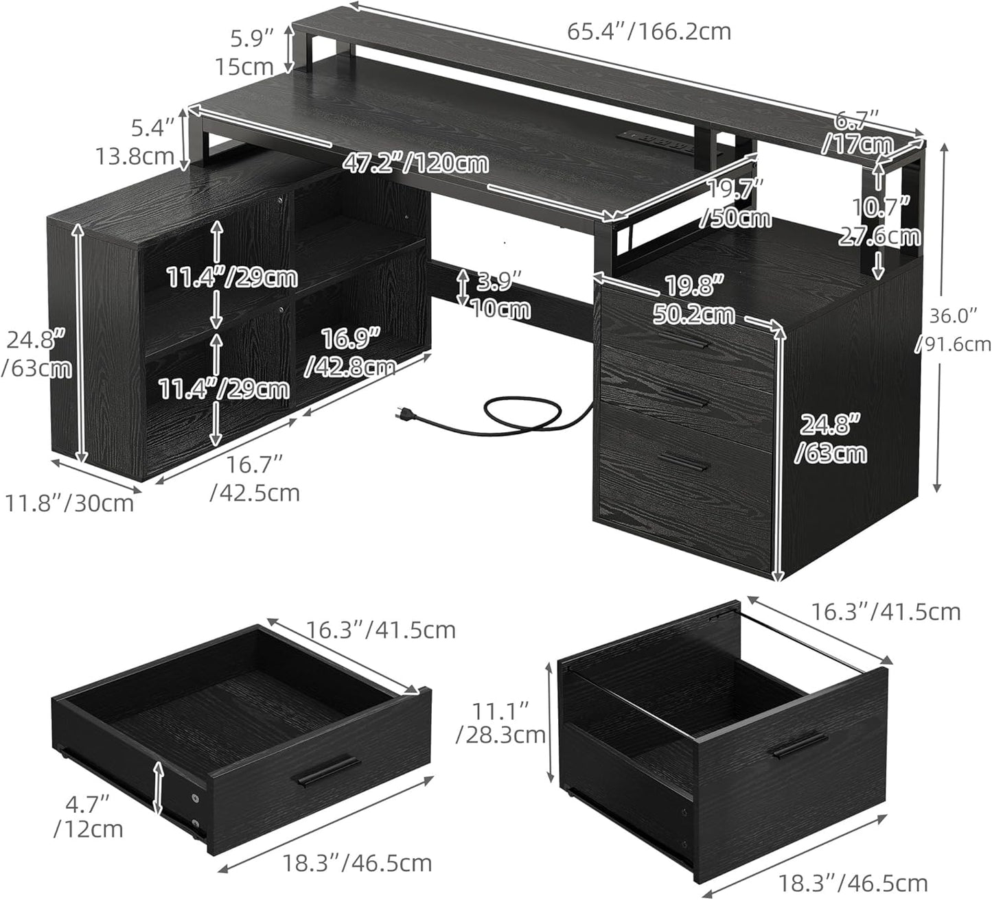 DWVO L Shaped Desk with Drawers, 65" Computer Desk with Power Outlets & LED Lights, Corner Home Office Desk with Storage Shelves & Printer Stand, Black
