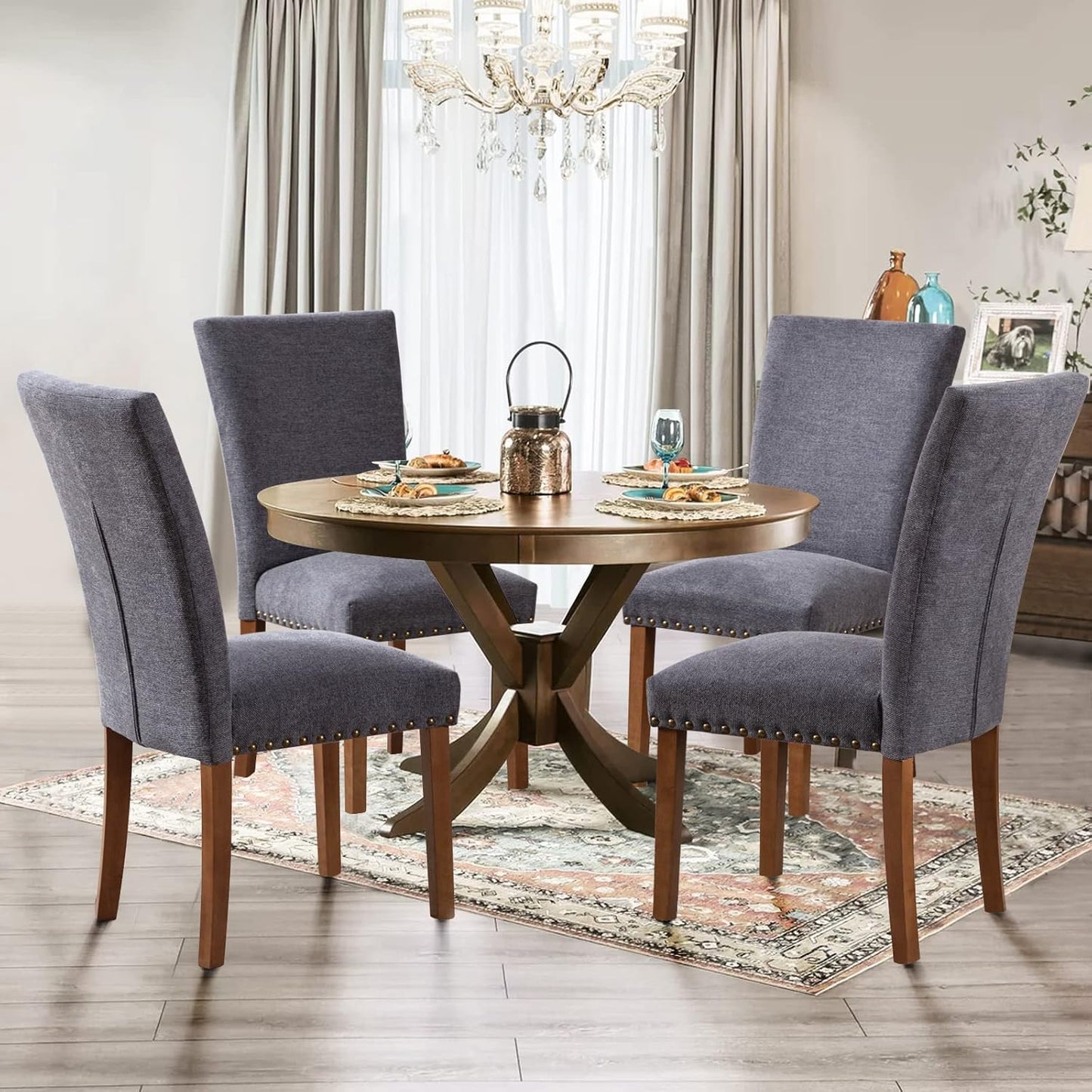 Parsons Dining Chairs Set of 4, Upholstered Nailhead Dining Room Kitchen Side Chair with Thick Cushions and Wood Legs, Dark Grey