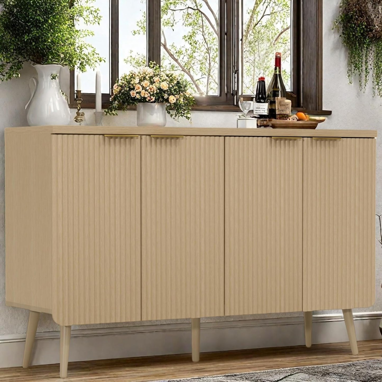 Buffet Cabinet, Sideboard Fluted Cabinet Modern Kitchen Buffet Storage Cabinets with Doors and Shelves, Wood Farmhouse Coffee Bar Station for Entryway & Dining Room & Living Room, Natual Oak