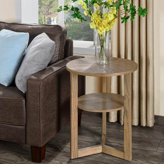 MODERION Round End Table, Farmhouse Side Table with Storage Shelf, Classic Circular Solid Wood Beside Table, 2-Tier Telephone Table, Nightstand, 24”H x 19.3”D for Living Room Rustic Natural BZ3338