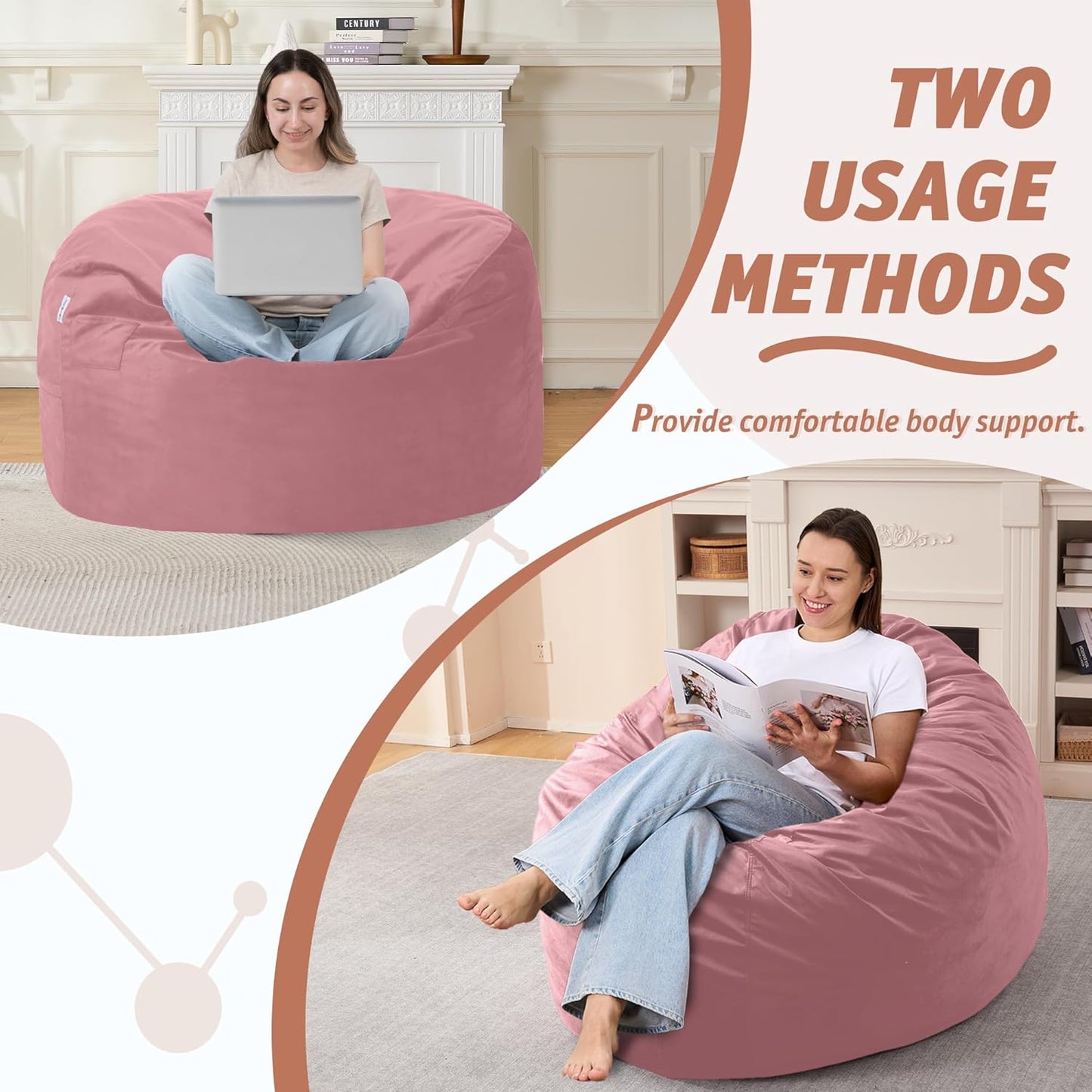 3FT Bean Bag Chair with Ultra Soft Velvet Cover Bean Bag Sofa with Memory Foam Bean Bag Chairs with Large Size Lazy Sofa for Dorm Office Living Room Bedroom Soft Pink 3'