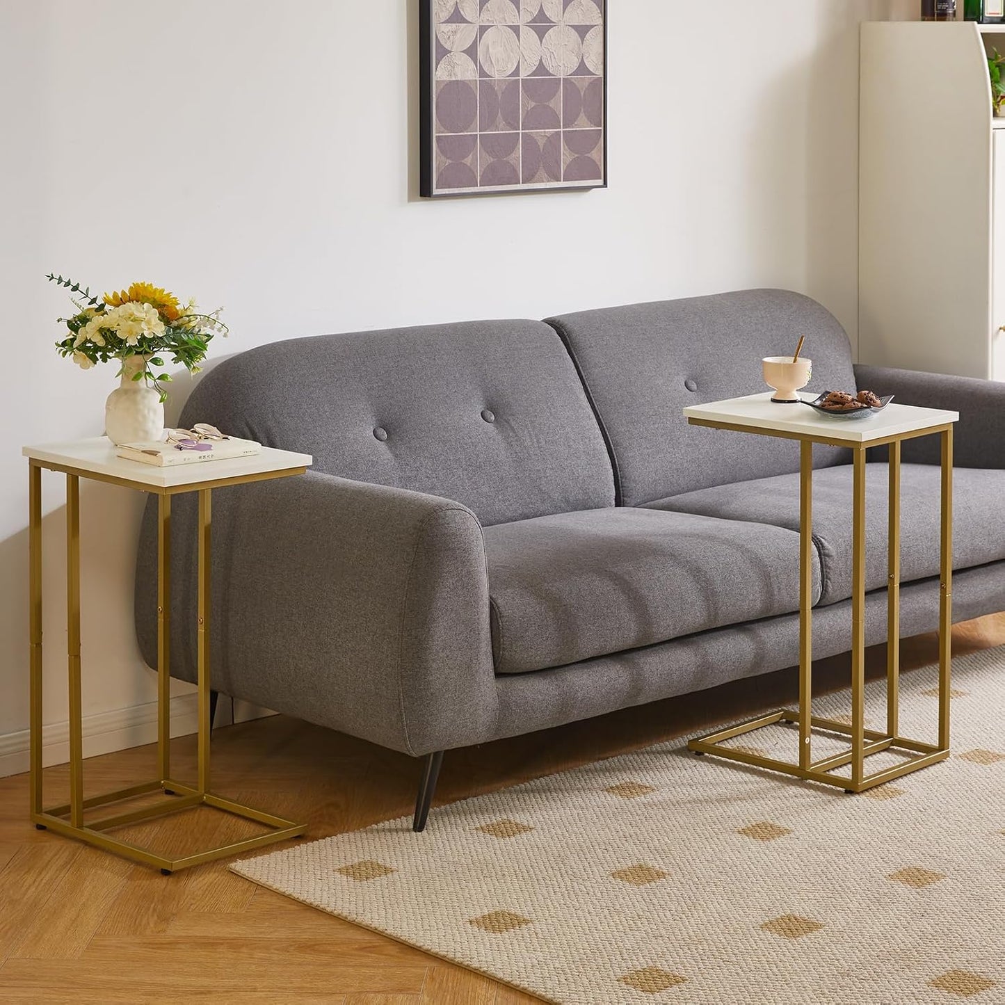 Small Side Tables C Shaped, End Table, Small Table Stand for Living Room Bedroom, Little Bedside Table 16x12x25 inch White+Gold YD-TM051WG