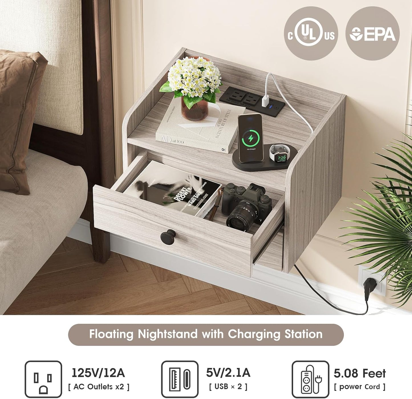 Floating Nightstand Set of 2 with 2 Storage Drawers and Charging Station Wood Wall Mounted Bedside End Table Modern Night Stands Set 2 for Bedroom,Small Space,Grey Black