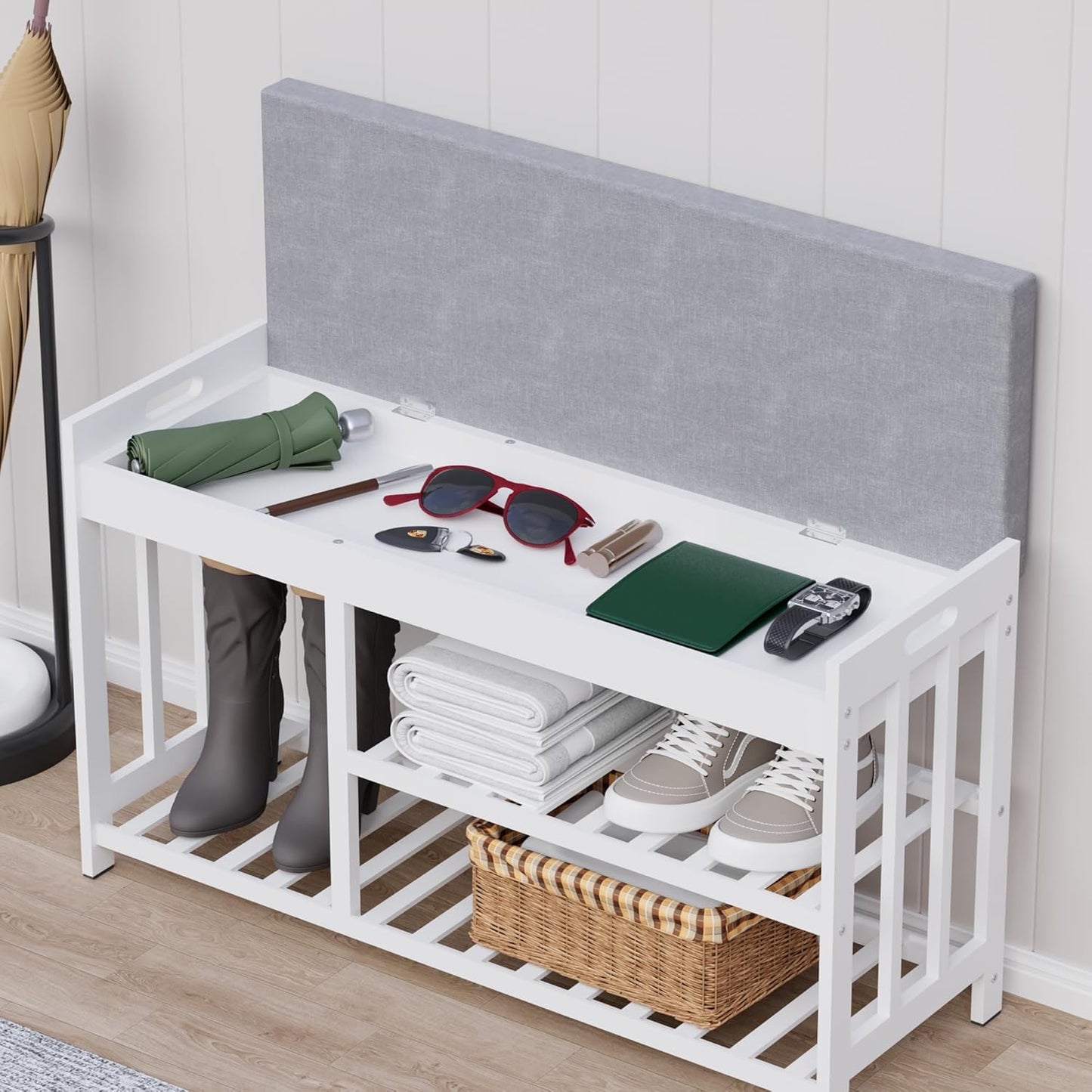 3-Tier Bamboo Shoe Rack Bench, Shoe Storage Organizer Bench, Entryway Benchs, Shoes Rack for Front Door Entrance, Entryway Bathroom Bedroom