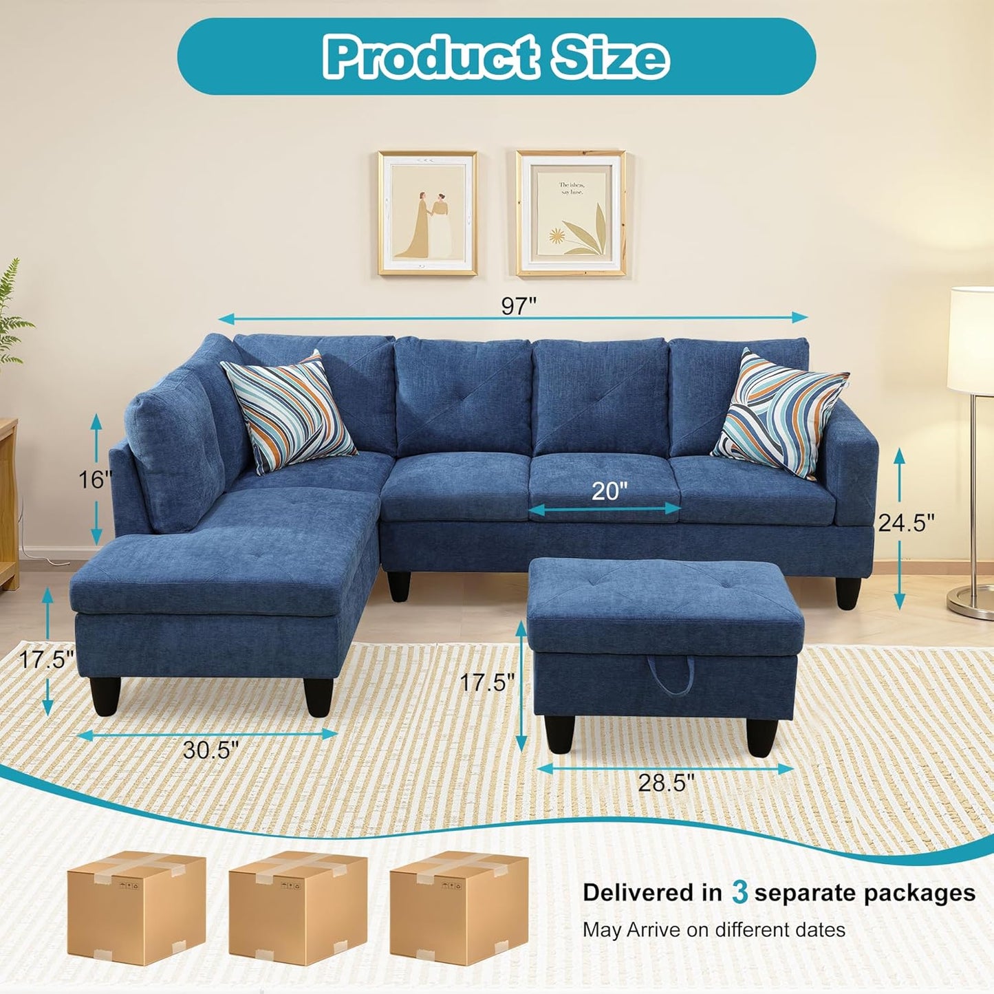 L Shaped Couch Modern Sectional Couch Upholstered Linen Fabric 3 Pieces Sofas for Living Room with Chaise, Storage Ottoman for Office and Small Apartment, Blue