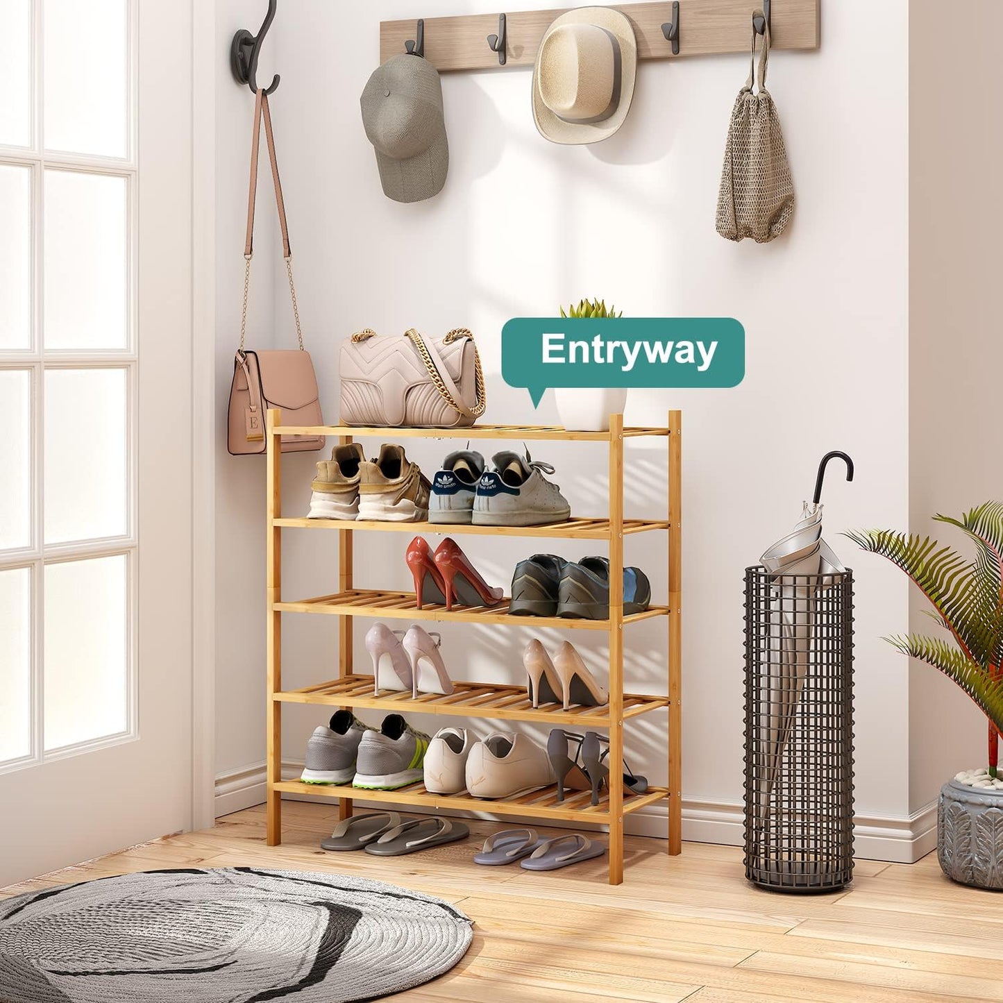 5-Tier Bamboo Shoe Rack for Entryway, Stackable | Foldable | Natural, Shoe Organizer for Hallway Closet, Standing Shoe Racks for Indoor Outdoor