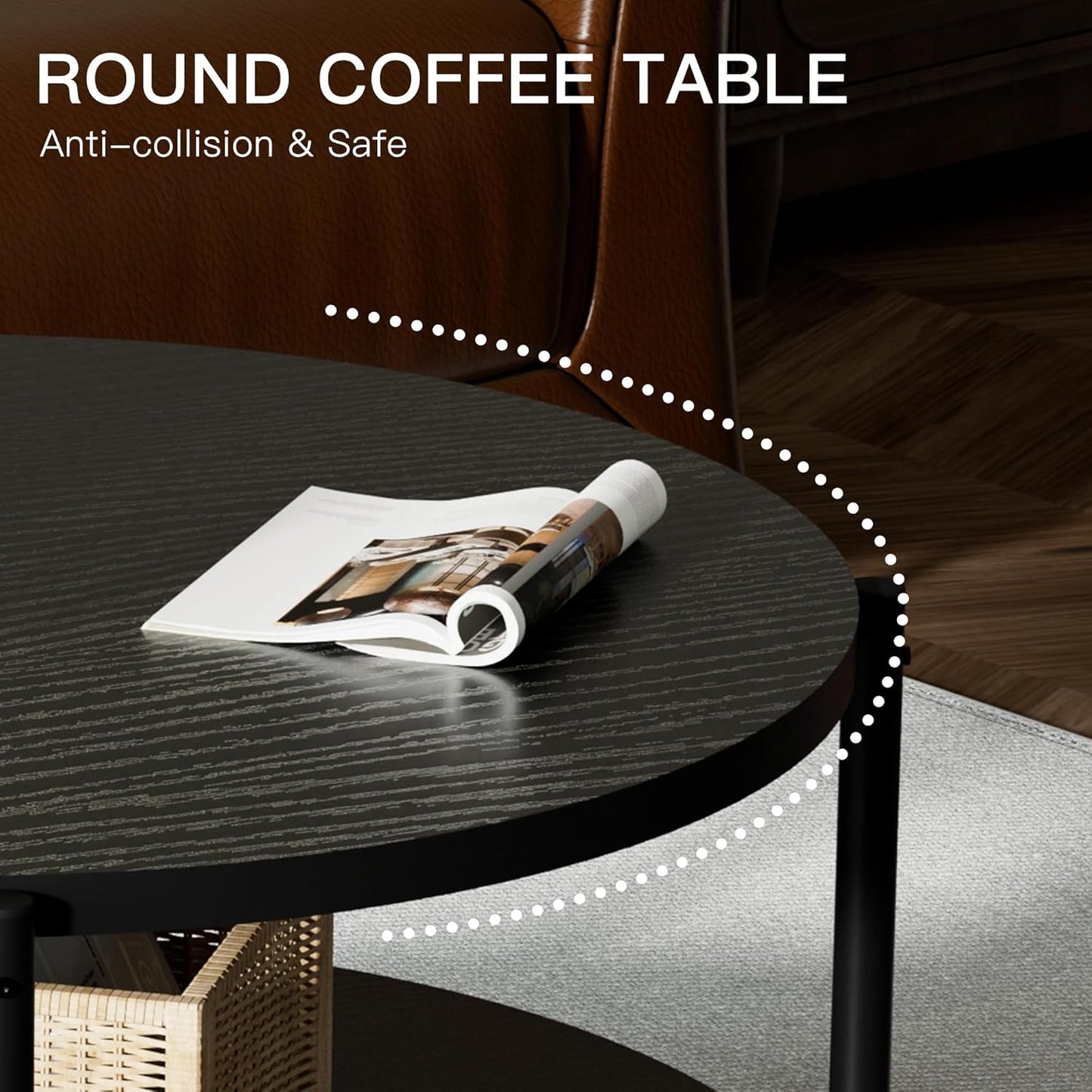 Round Coffee Table, 27.6" Circle Coffee Table for Living Room, 2-Tier Wood Accent Center Table with Open Storage Industrial Design Home Furniture, Black