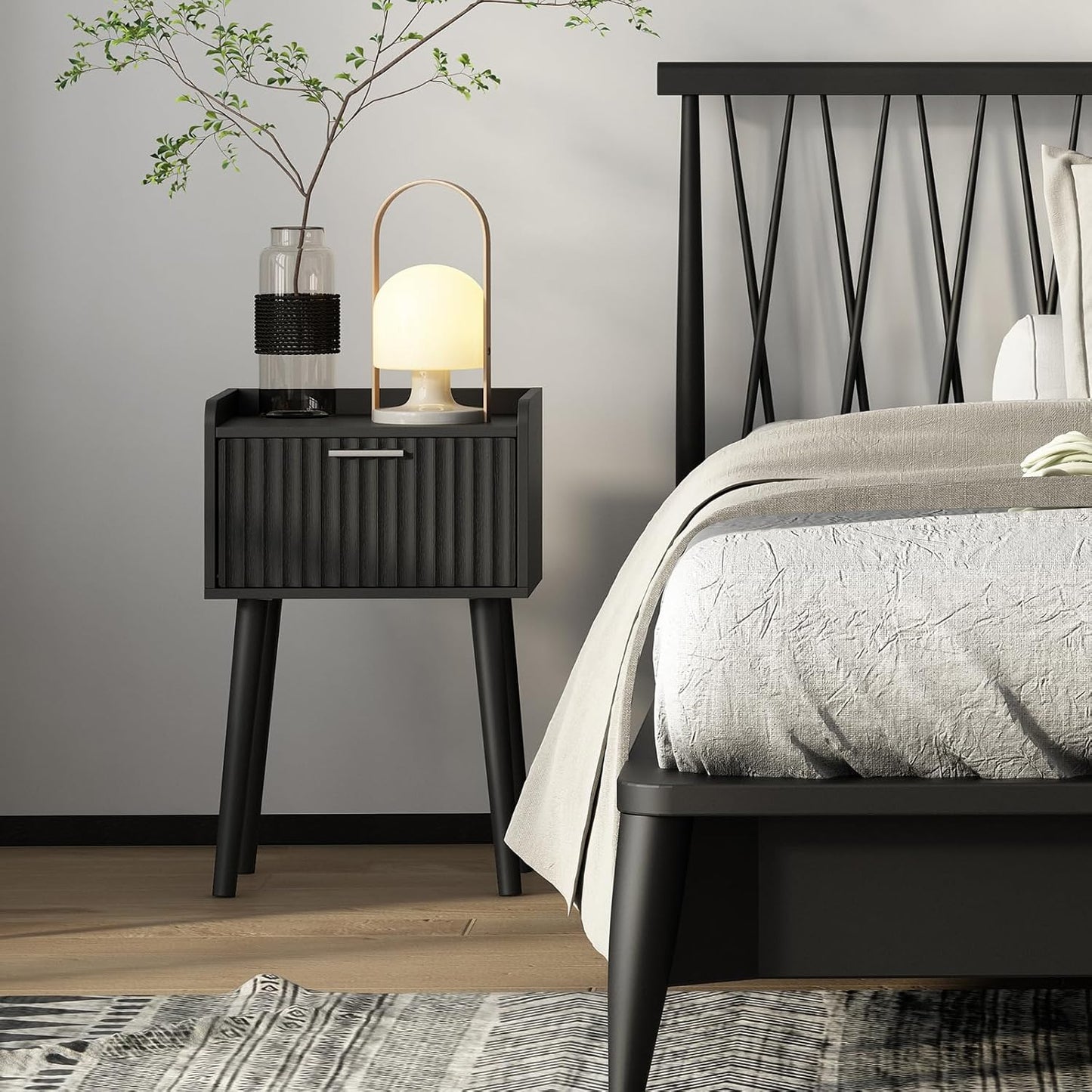 LAATOOREE Nightstand Set of 2, Small Bed Side Table with Fluted Door, End Table with Solid Wood Legs, Mid-Century Bedside Table for Bedroom Small Space