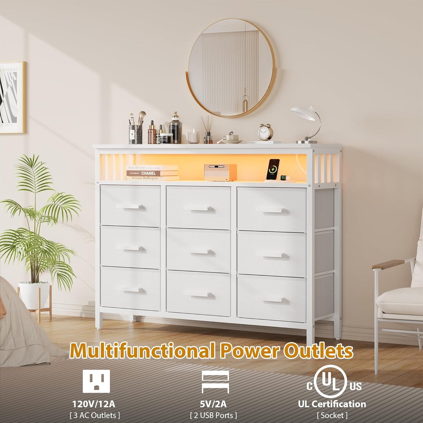 9 Drawer Dresser TV Stand with LED Lights & Power Outlets, Entertainment Center with Open Shelf, Media Console for 50” TV, Large Storage Dresser for Bedroom (White)