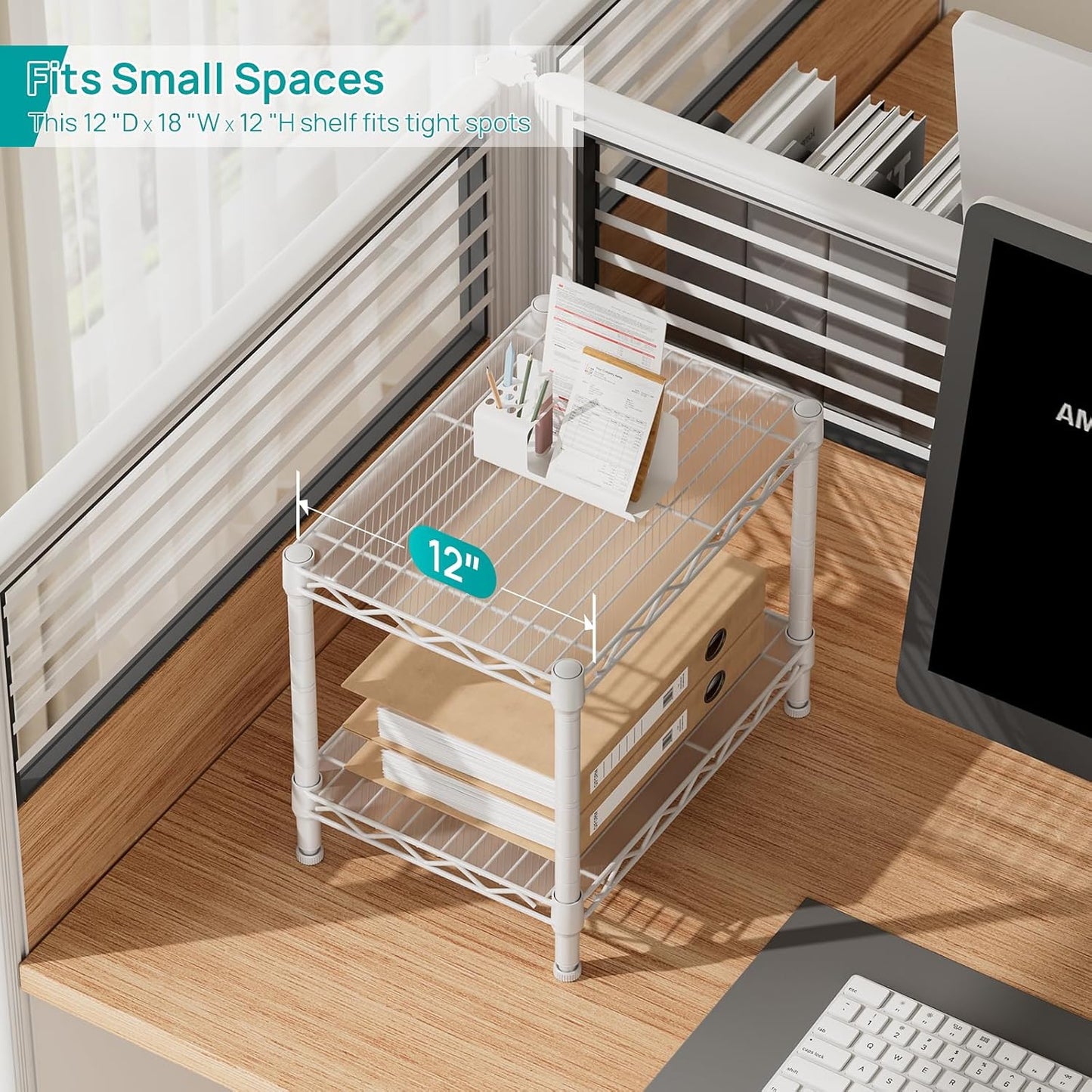 SINGAYE 2 Small Shelves Kitchen Storage Shelf Wire Shelving Unit Metal Shelf Adjustable Organizers Storage Shelving for Office Pantry White 12" D X 18" W X 12" H